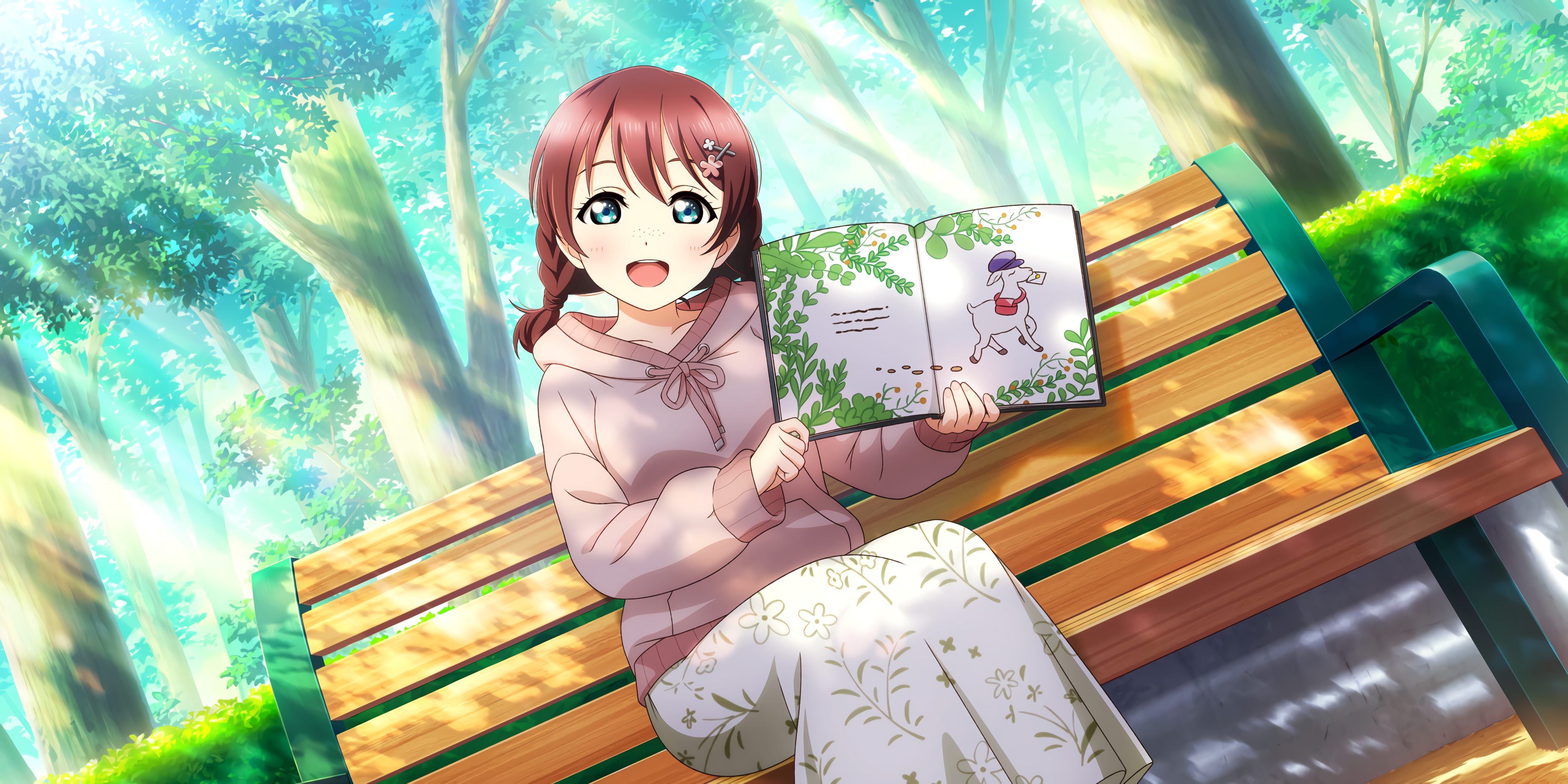 Emma Verde Love Live Redhead Blue Eyes Sitting Book In Hand Skirt Blushing Bench Trees Looking At Vi 3670x1836