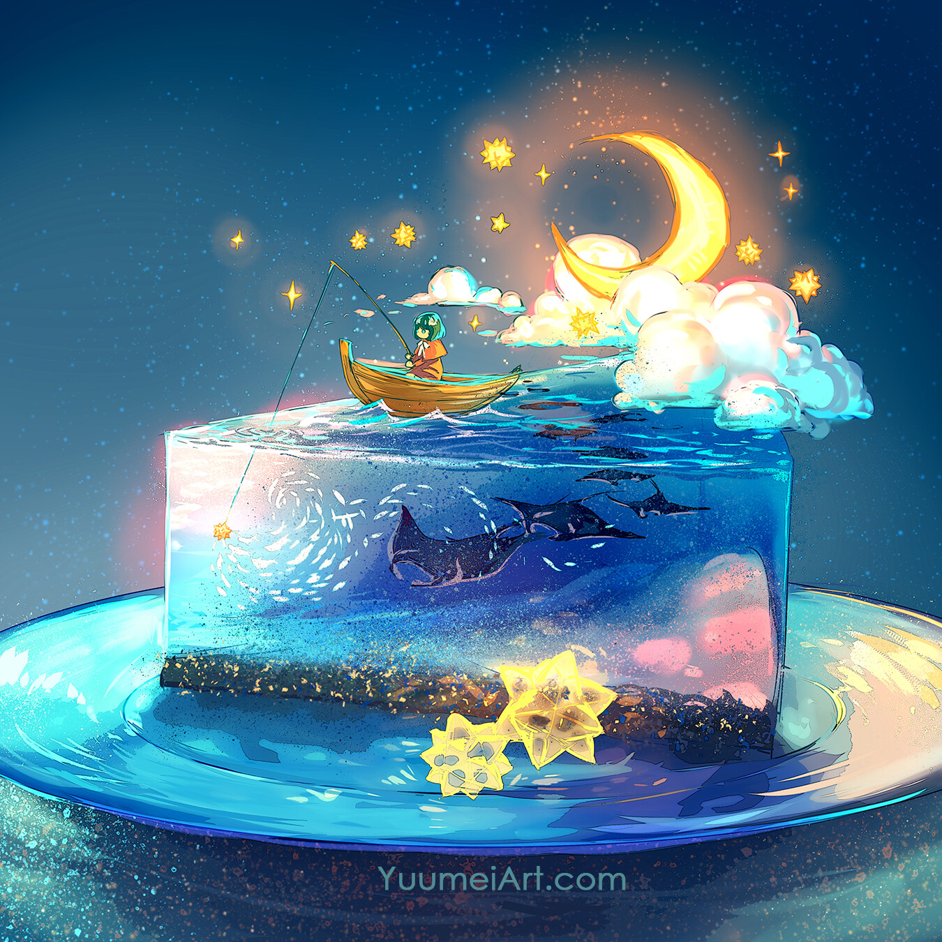 Artwork Digital Art Pastry Water Fish Clouds Yuumei Cake Crescent Moon Moon Stars Animals 1350x1350