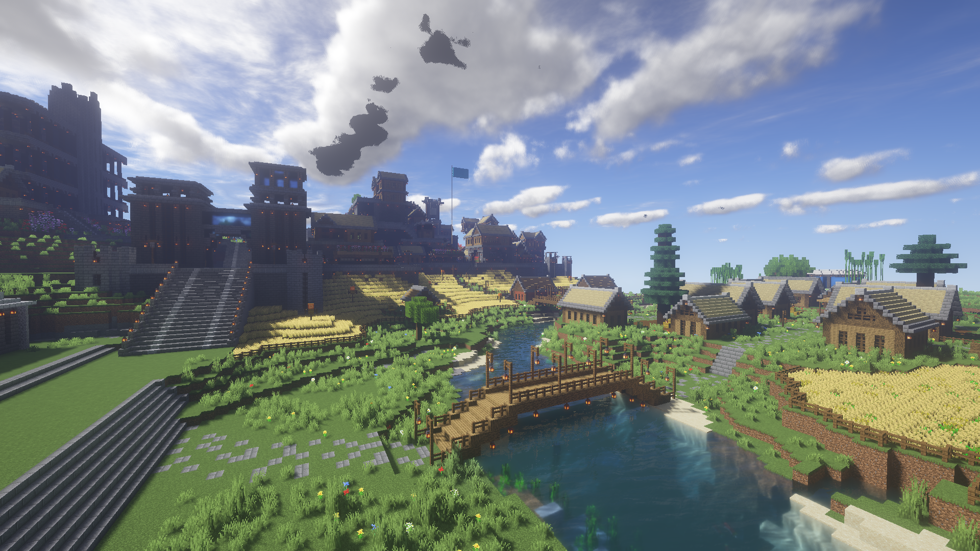Minecraft Building Video Games CGi Stairs Water Bridge Clouds Sky Village 1920x1080