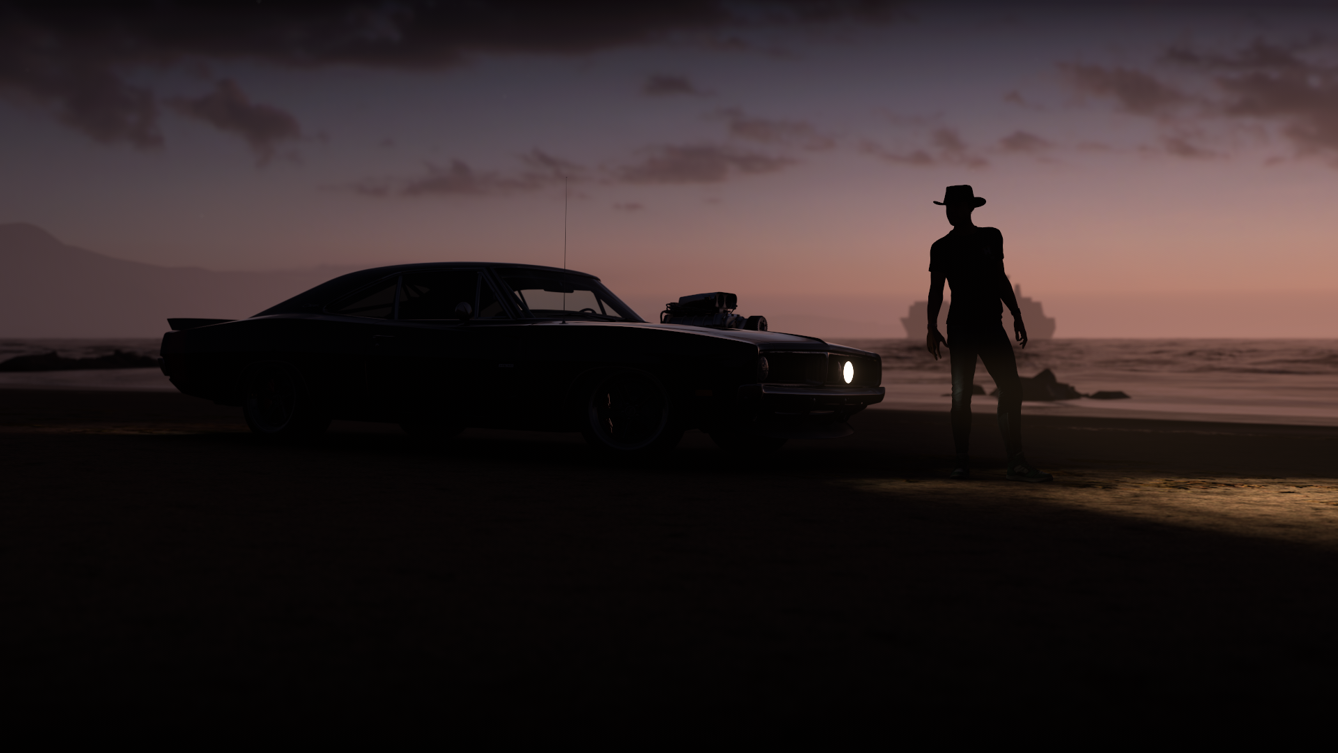 Forza Horizon 5 Video Games Beach Dark Car Dodge Charger Sunset Dodge Muscle Cars American Cars Supe 1920x1080