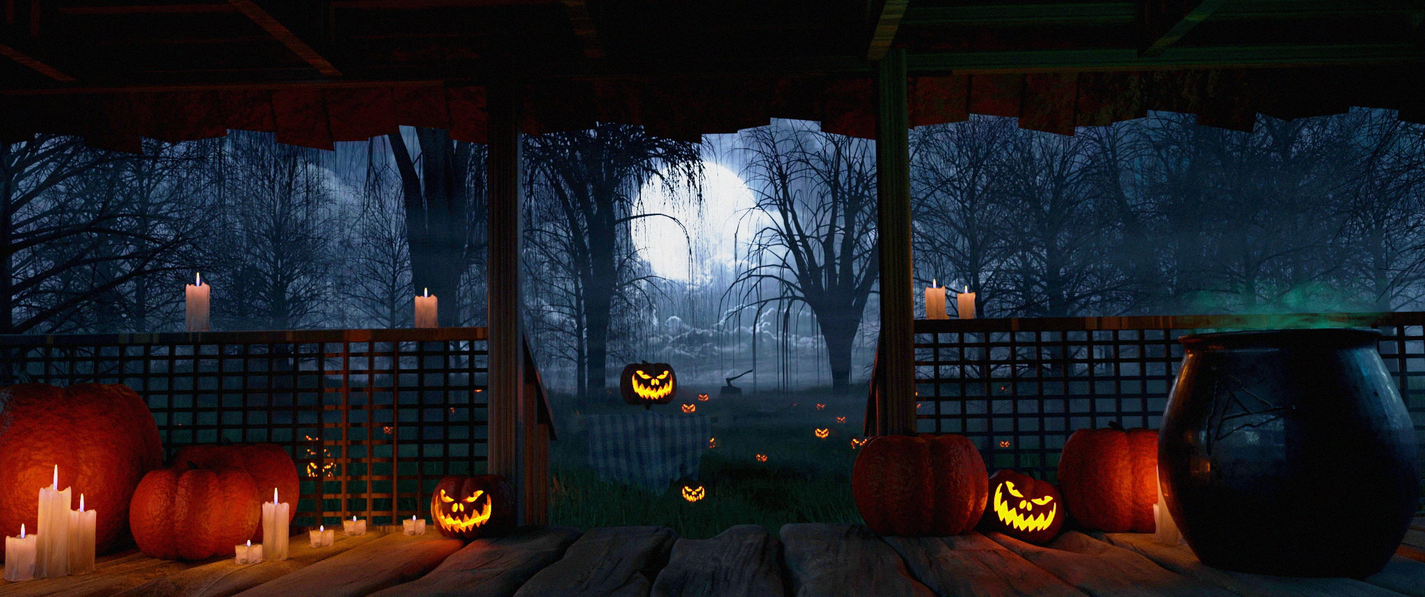 Blender Halloween Candles Pumpkin CGi Scarecrow Character Complex Scene Forest 2048x858