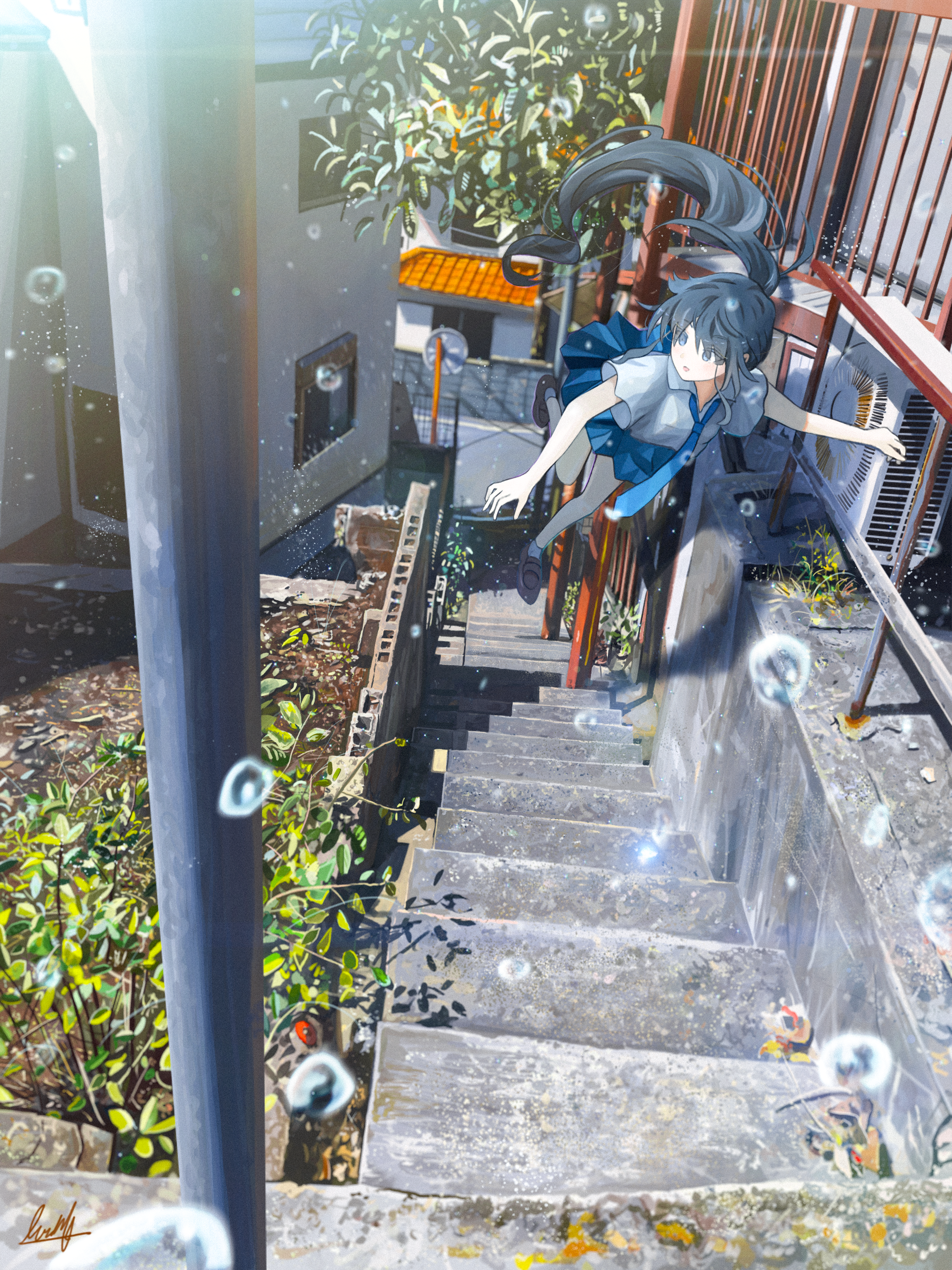 Pixiv Banishment Blue Hair Anime Girls Anime Stairs Tie Schoolgirl School Uniform Floating Portrait  2300x3068