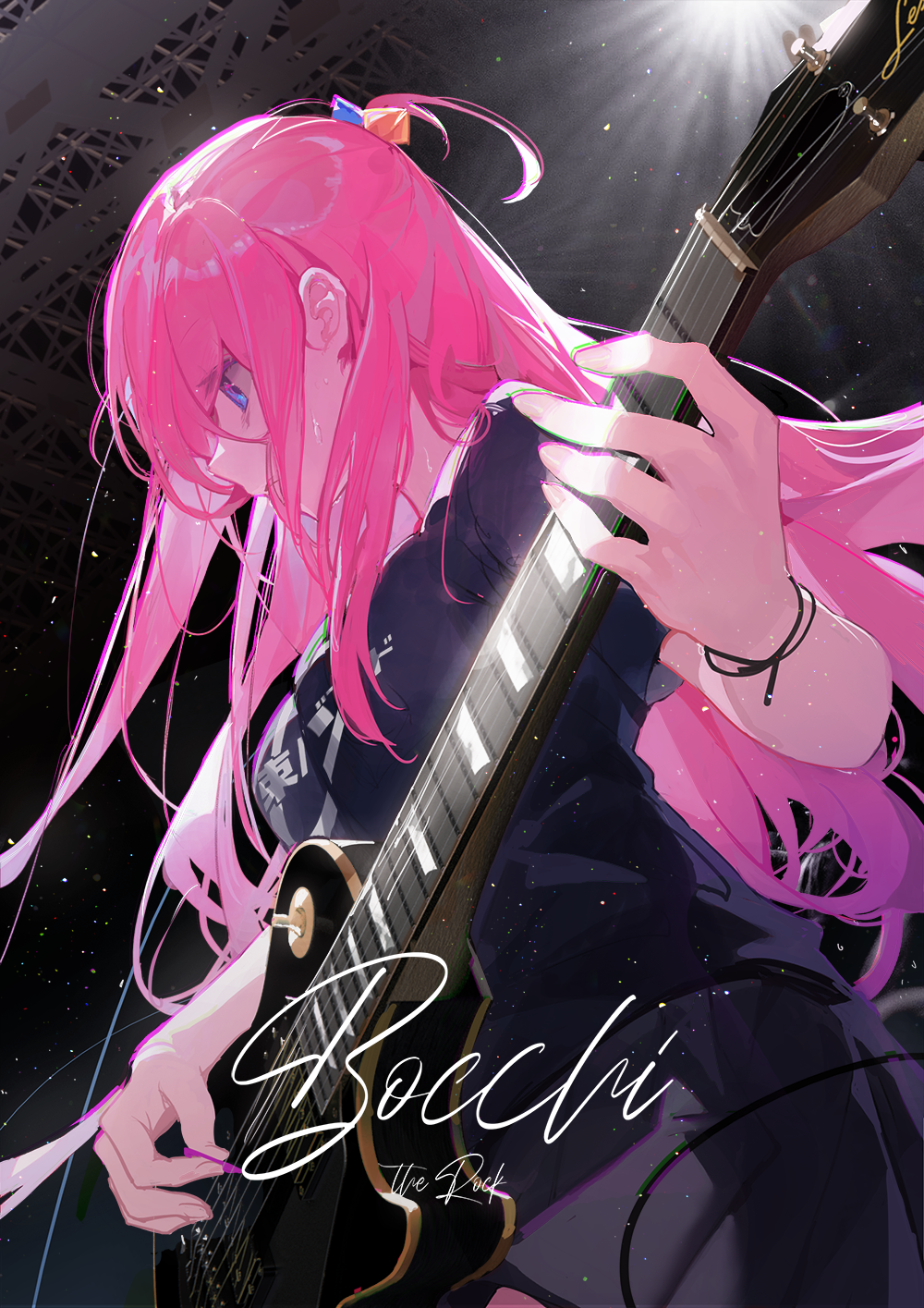 Anime Anime Girls BOCCHi THE ROCK Gotou Hitori Kuroduki Musical Instrument Guitar Long Hair Looking  1000x1415