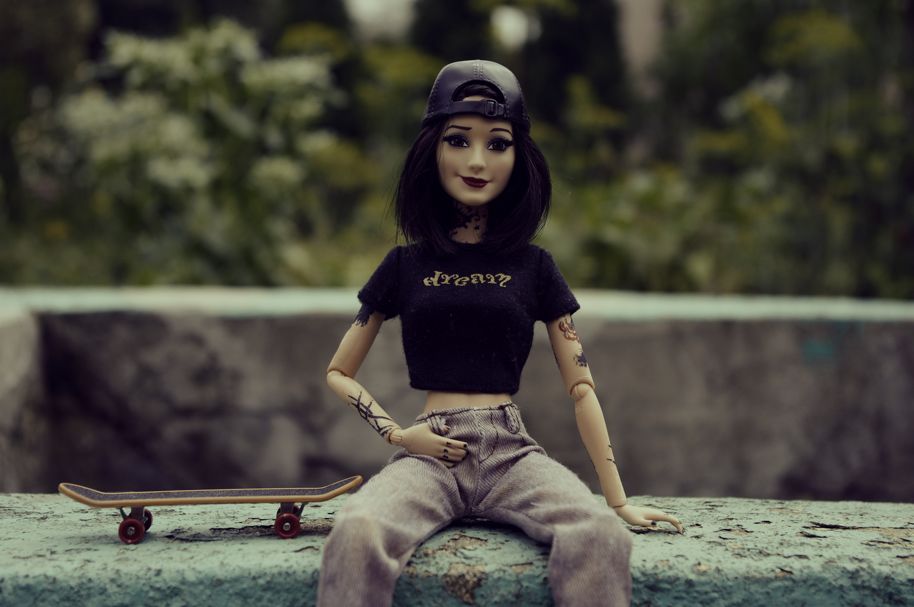 Barbie Doll Toys Hat Leather Dark Hair Tattoo Skateboard Skateboarding Looking At Viewer Smiling Blu 3000x1993