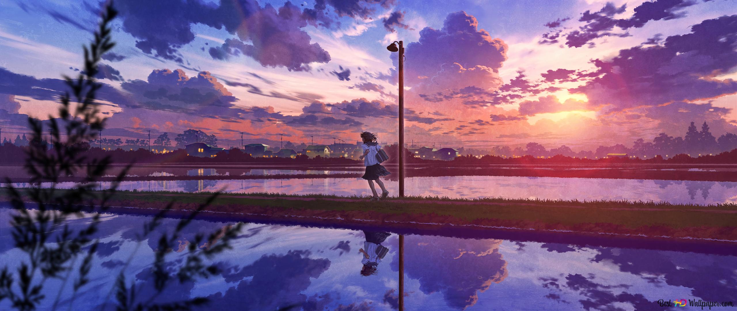Anime Girls Schoolgirl School Uniform Running City Water Clouds Sky City Lights Reflection Sunset Gl 2560x1080