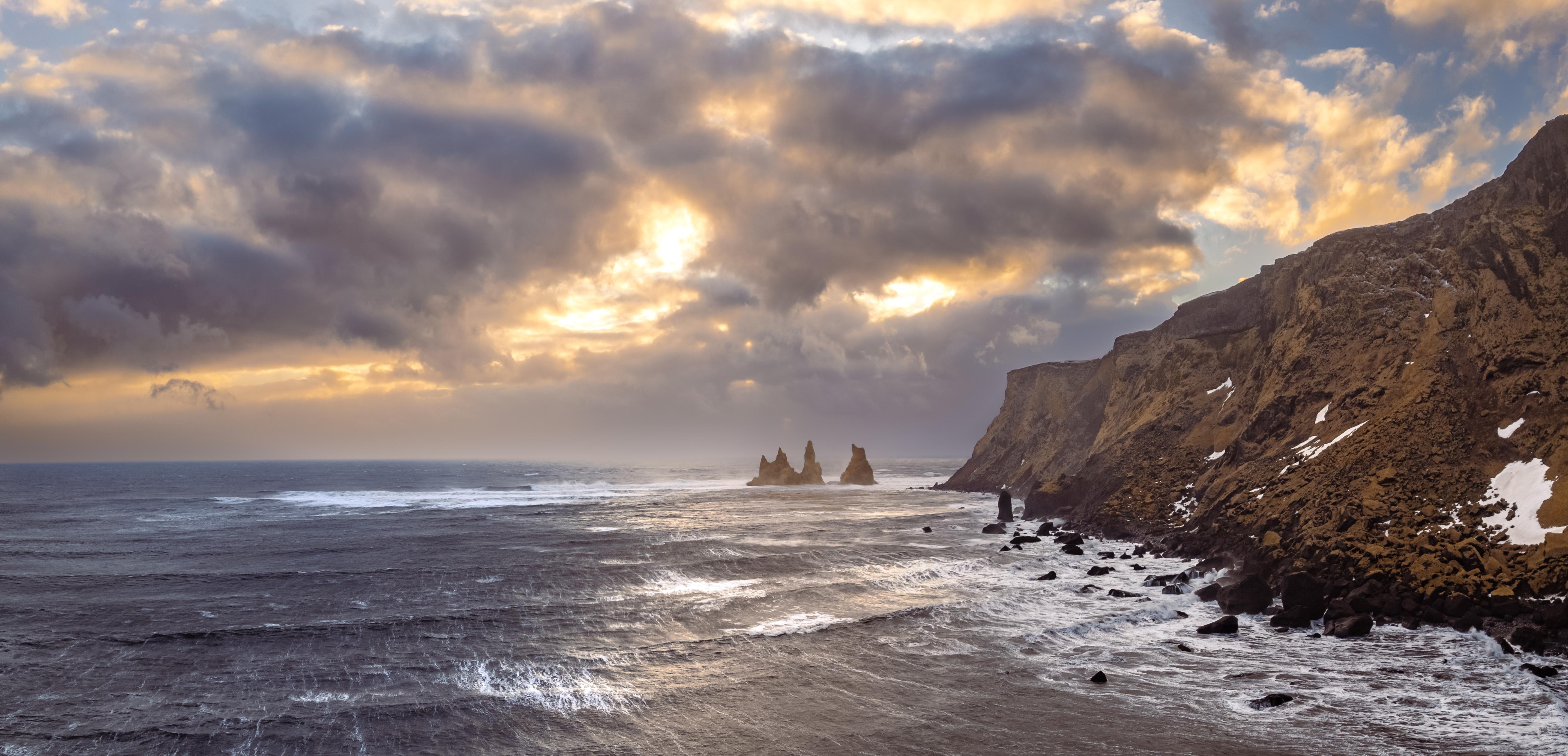 Coast Landscape Nature Clouds Iceland Waves Windy Water Sky 5578x2688