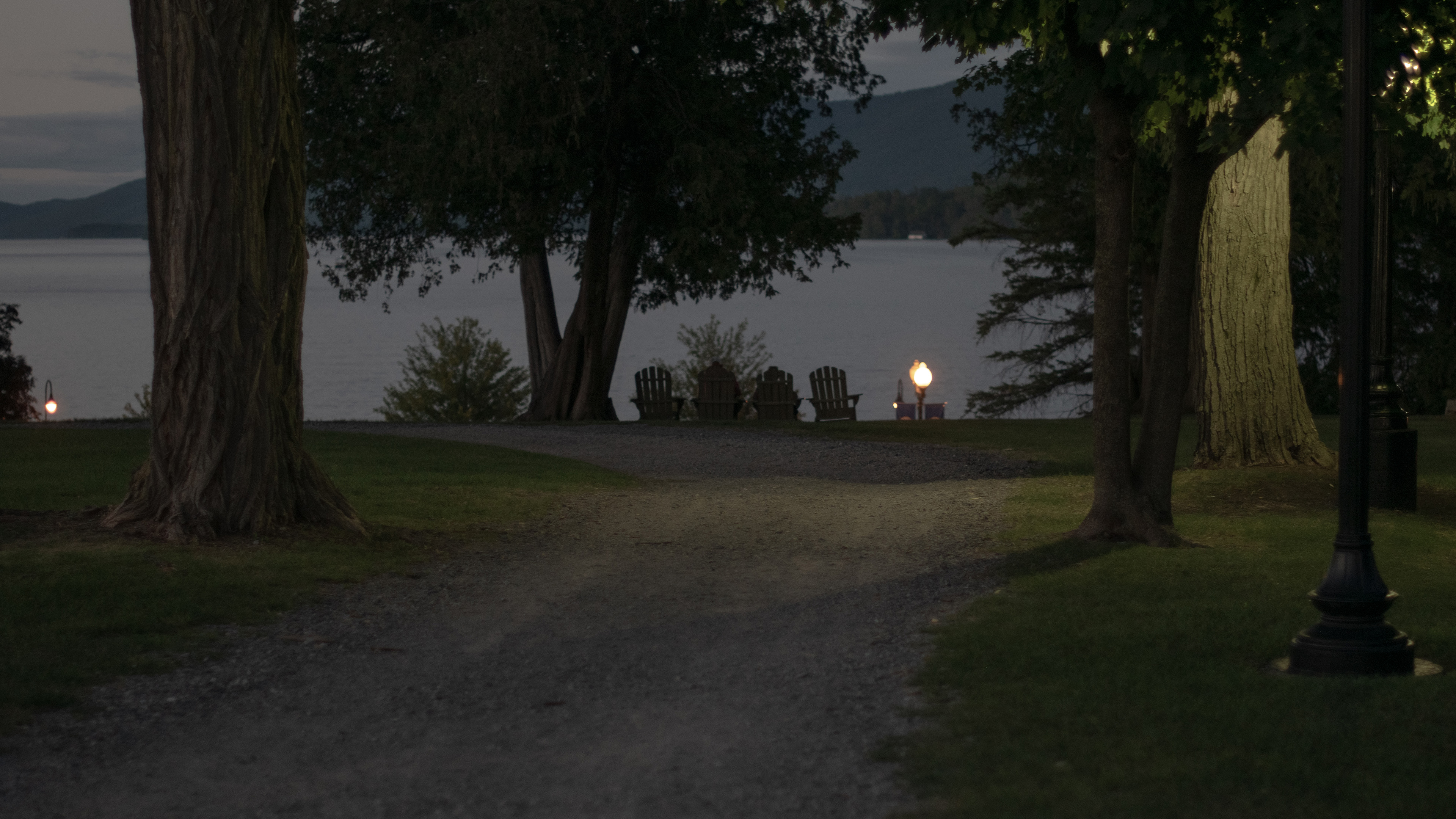 Chair Night Path Lamp Trees Lake Relaxing 3840x2160