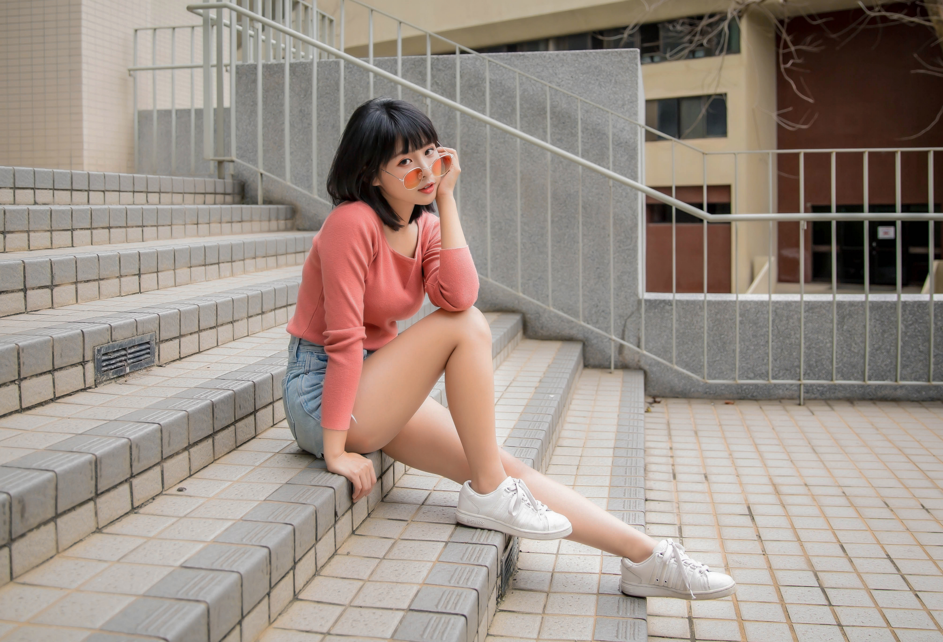 Asian Model Women Dark Hair Sitting Urban Women Outdoors Stairs Legs White Shoes Sweater Black Hair  3840x2615