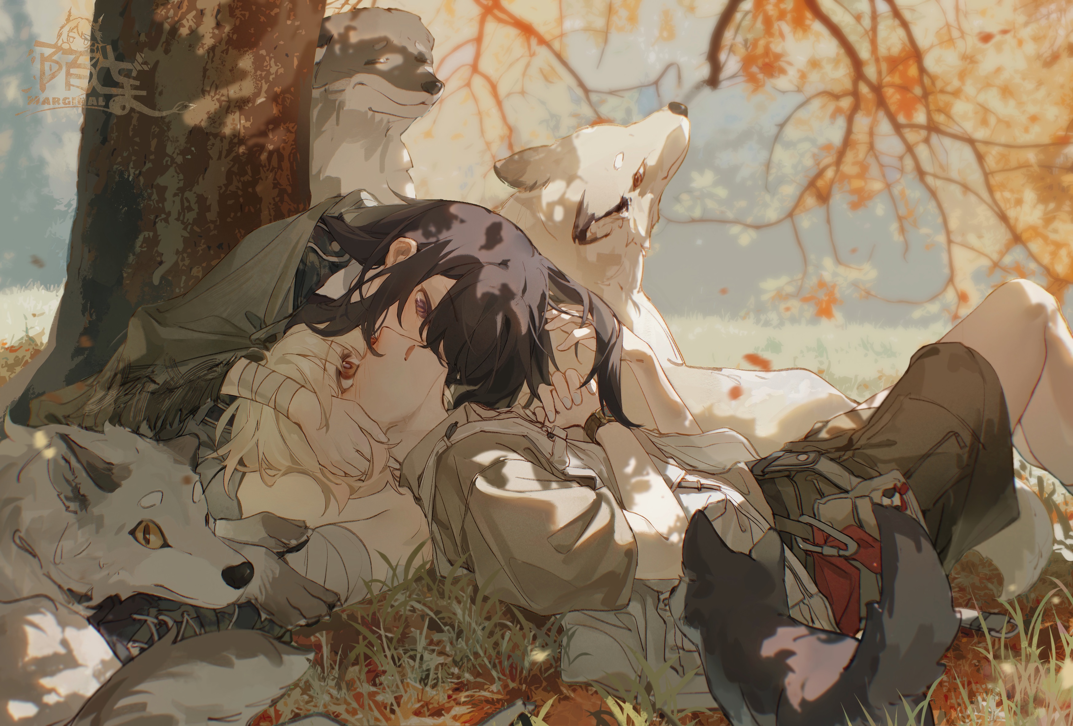 Anime Anime Girls Blushing Animals Trees Logo Branch Leaves Sunlight Lying Down Lying On Back Long H 3496x2367