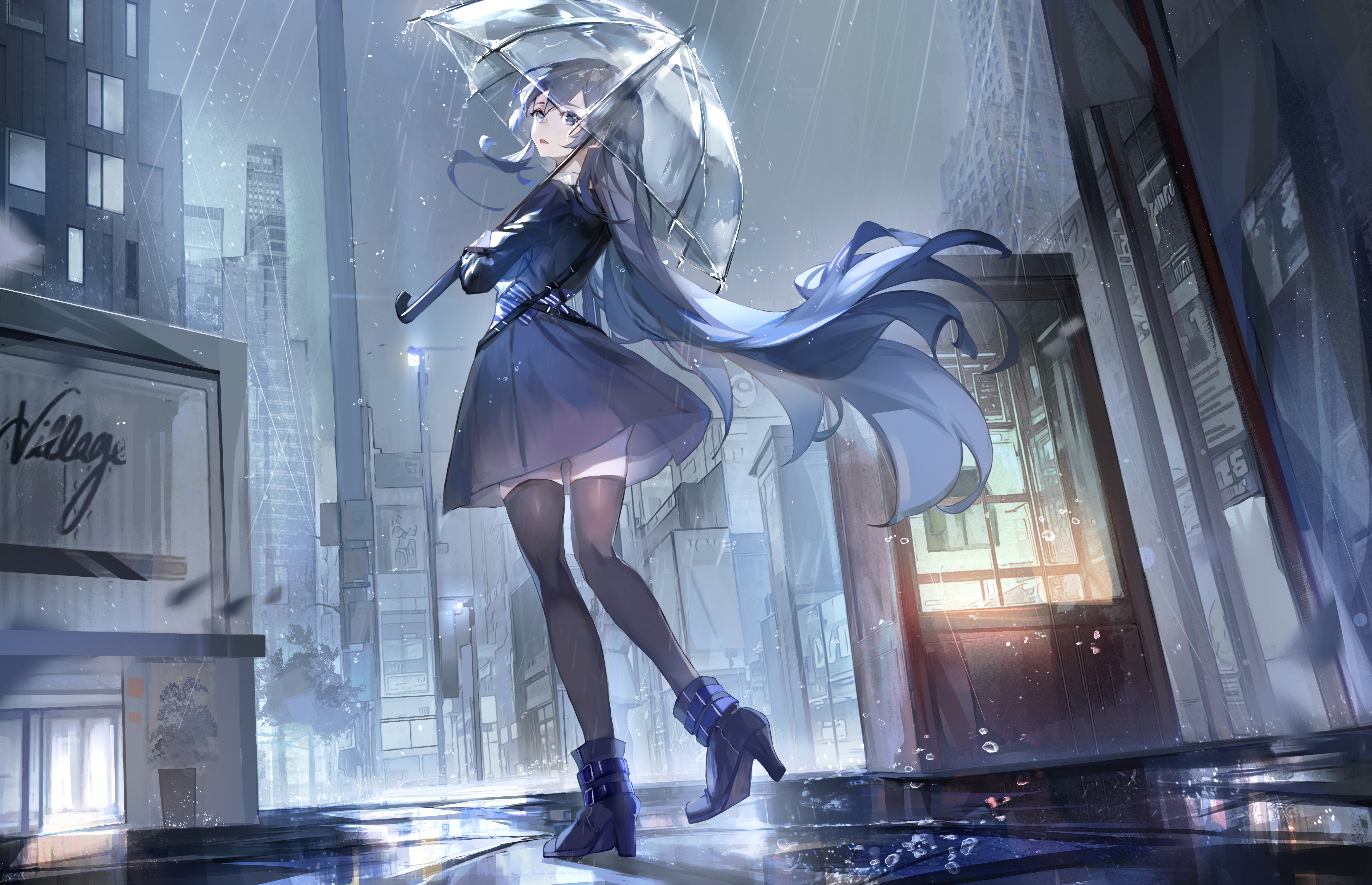 Anime Anime Girls Umbrella Skirt Long Hair City Blue Hair Blue Eyes Looking At Viewer 4688x3025