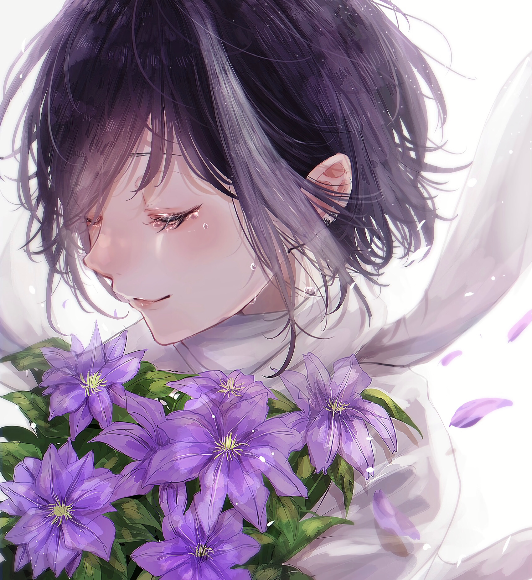 Anime Anime Girls Flowers Closed Eyes Vertical Purple Hair Petals 1699x1851