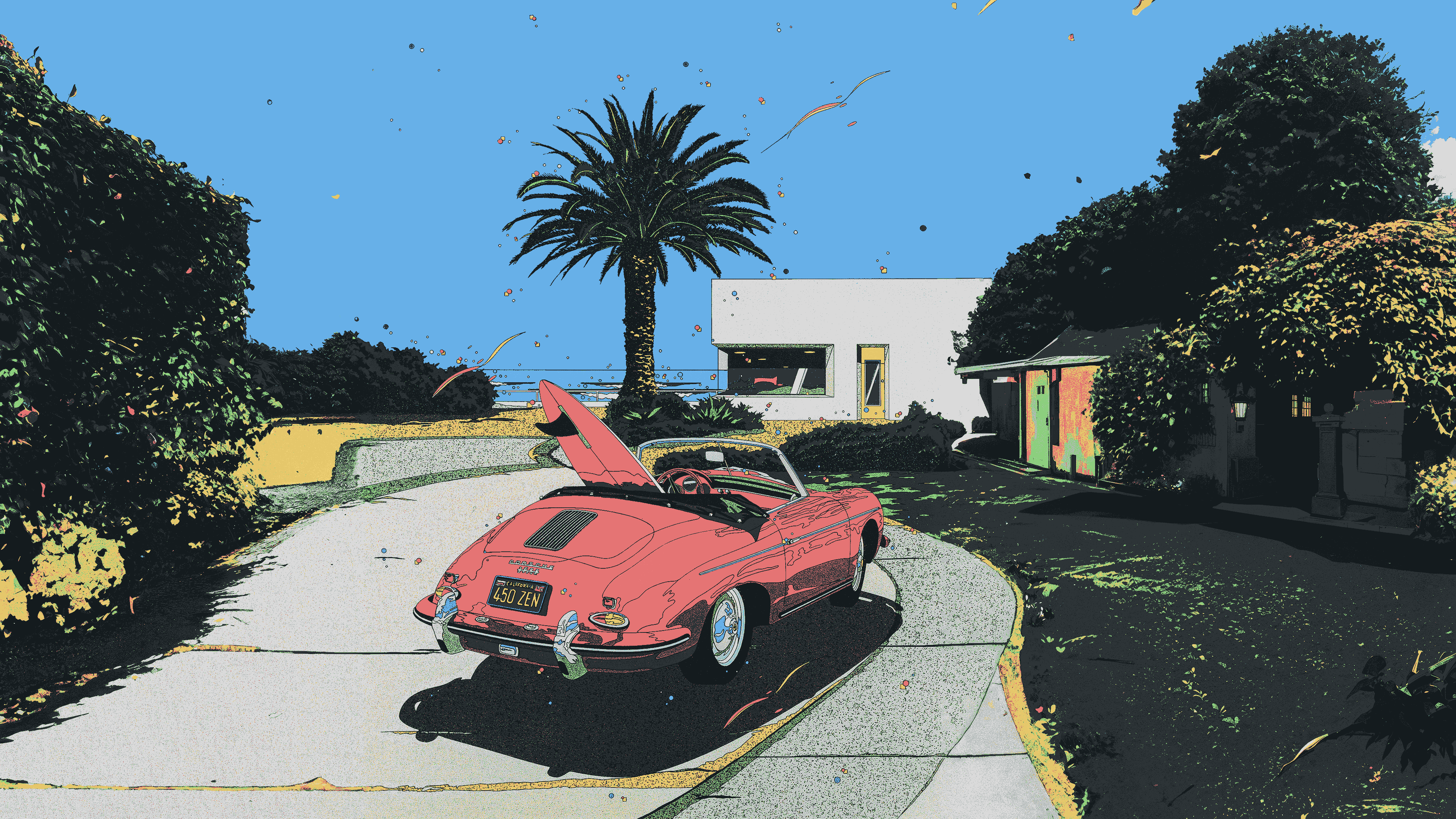 Car Cabriolet Minimalism Clear Sky Vehicle Rear View Palm Trees Digital Art Licence Plates 3840x2160