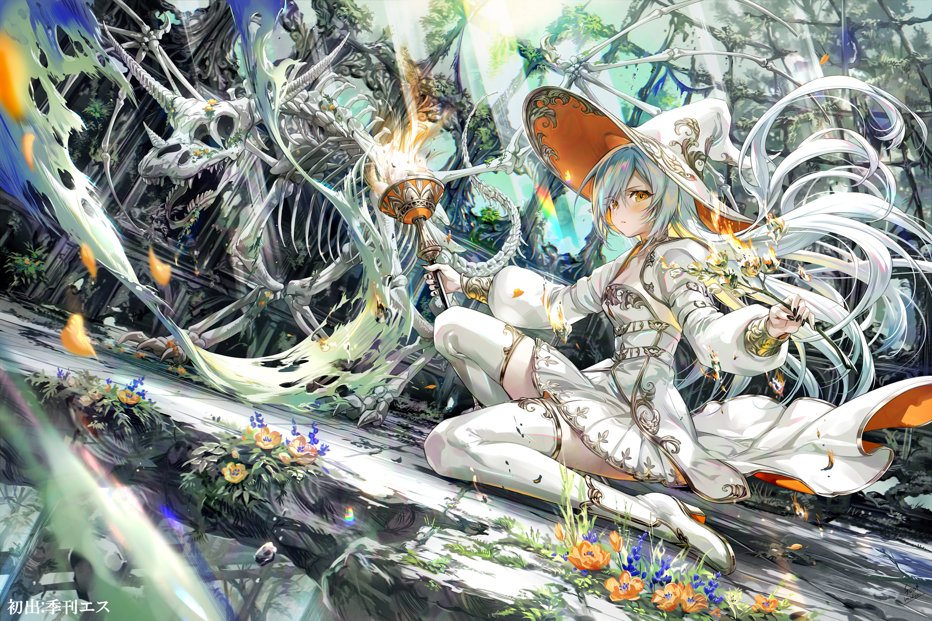 Anime Anime Girls Witch Hat Hat Long Hair Looking At Viewer Skeleton Japanese Sunlight Petals Flower 1920x1280
