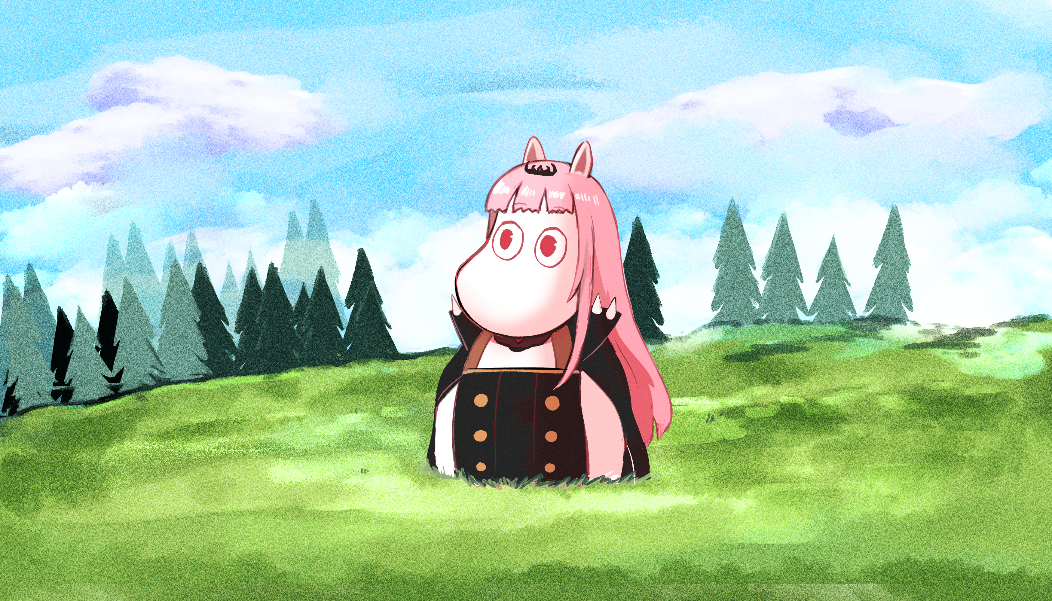 Virtual Youtuber Mori Calliope Hololive The Moomins Pink Hair Anime Girls Trees Clouds 3500x2000
