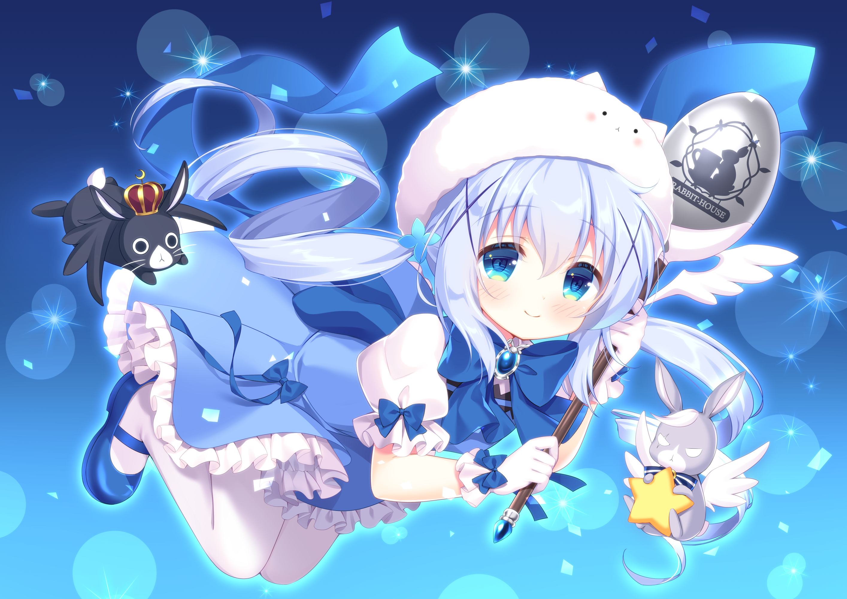 Gochuumon Wa Usagi Desu Ka Blue Eyes Kafuu Chino Maid Outfit Blue Hair Long Hair Rabbits Anime Girls 2829x2000