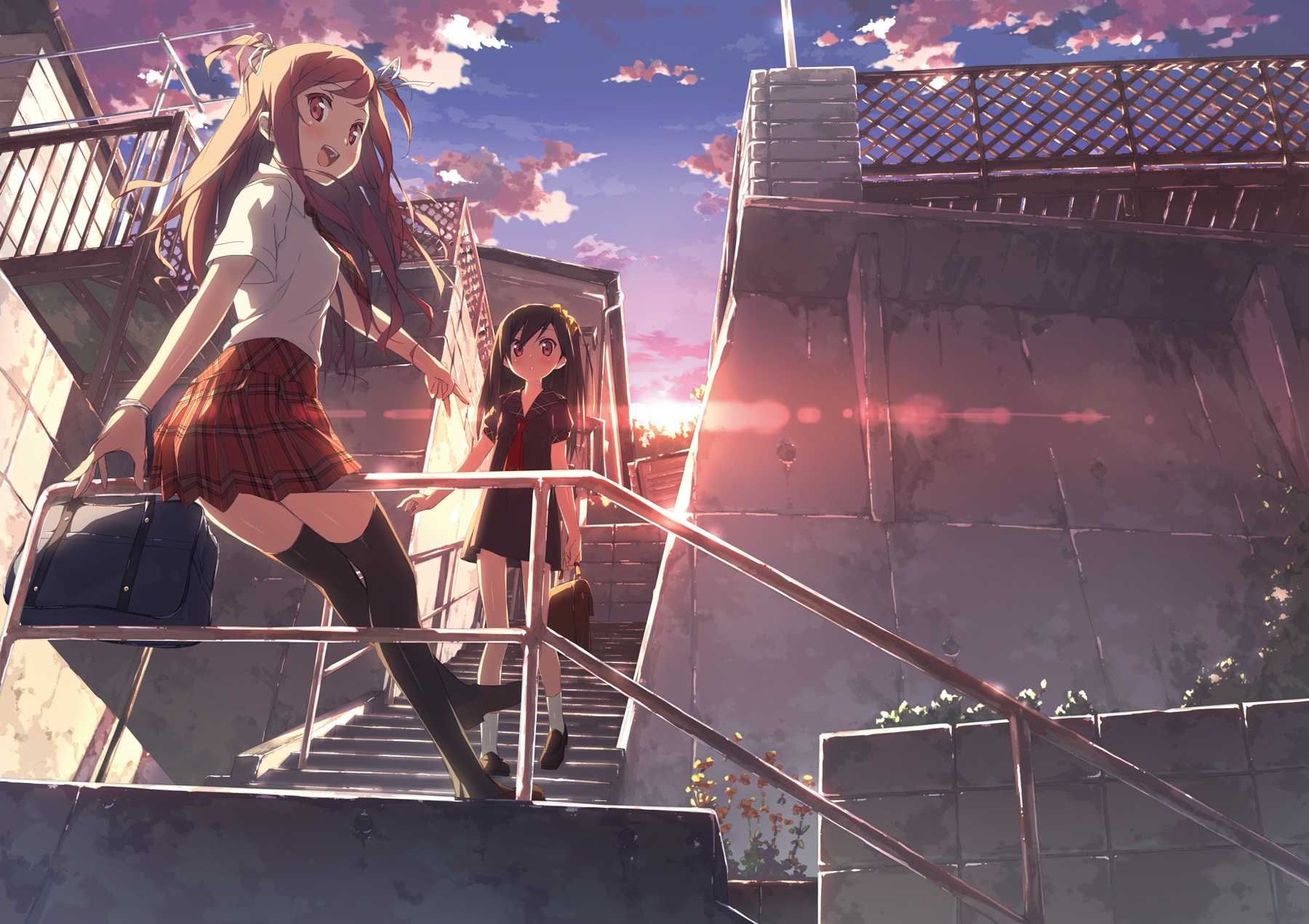 Anime Anime Girls Kantoku Artwork School Uniform Schoolgirl Stairs Purse 1800x1271