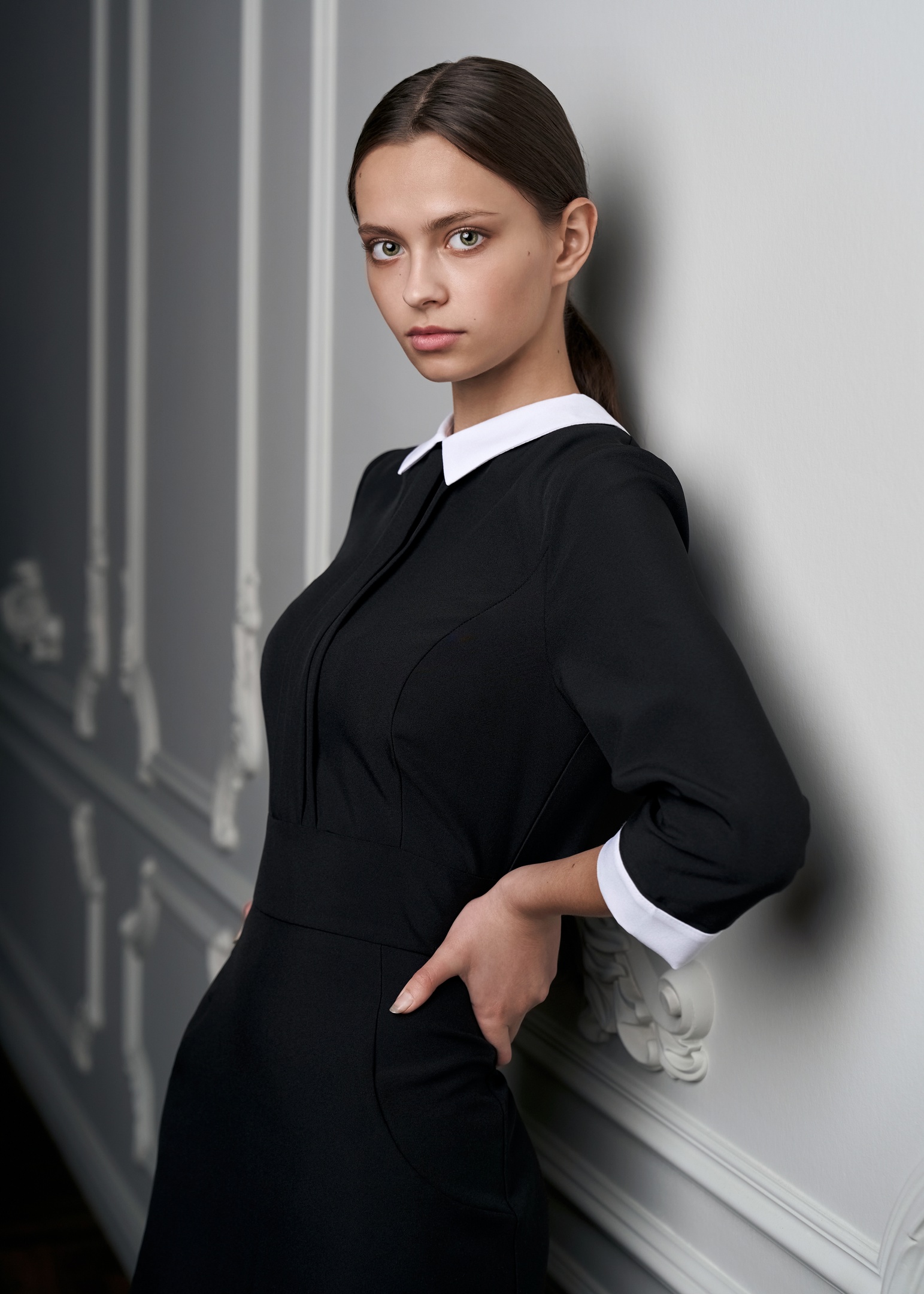 Sergey Gorshenin Women Lera Rubtsova Brunette Ponytail Looking At Viewer Black Clothing Wall Dress 1543x2160