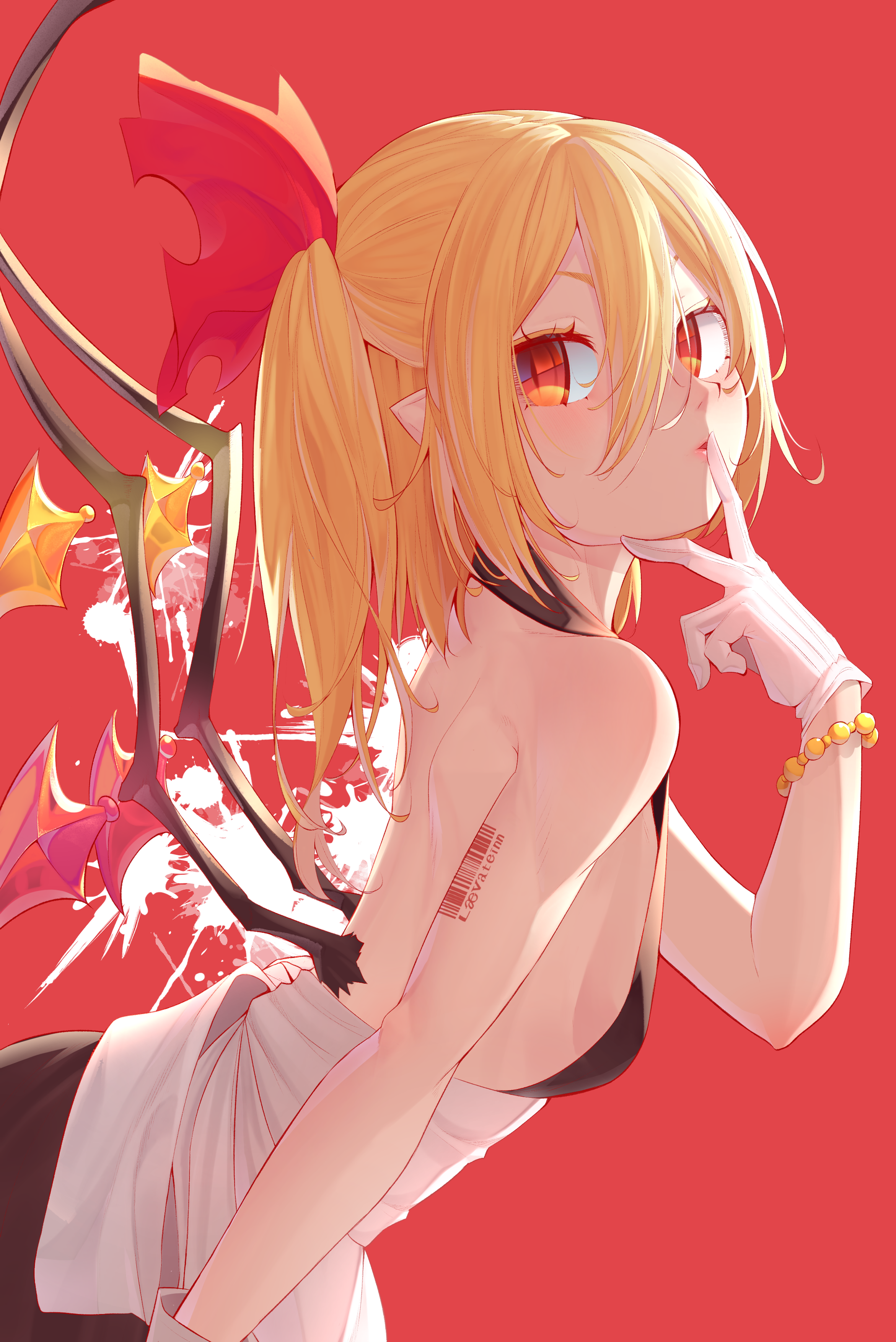 Touhou Dress Flandre Scarlet Red Eyes Blonde Red Background Wings Blush Gloves White Gloves Twintail 2342x3508