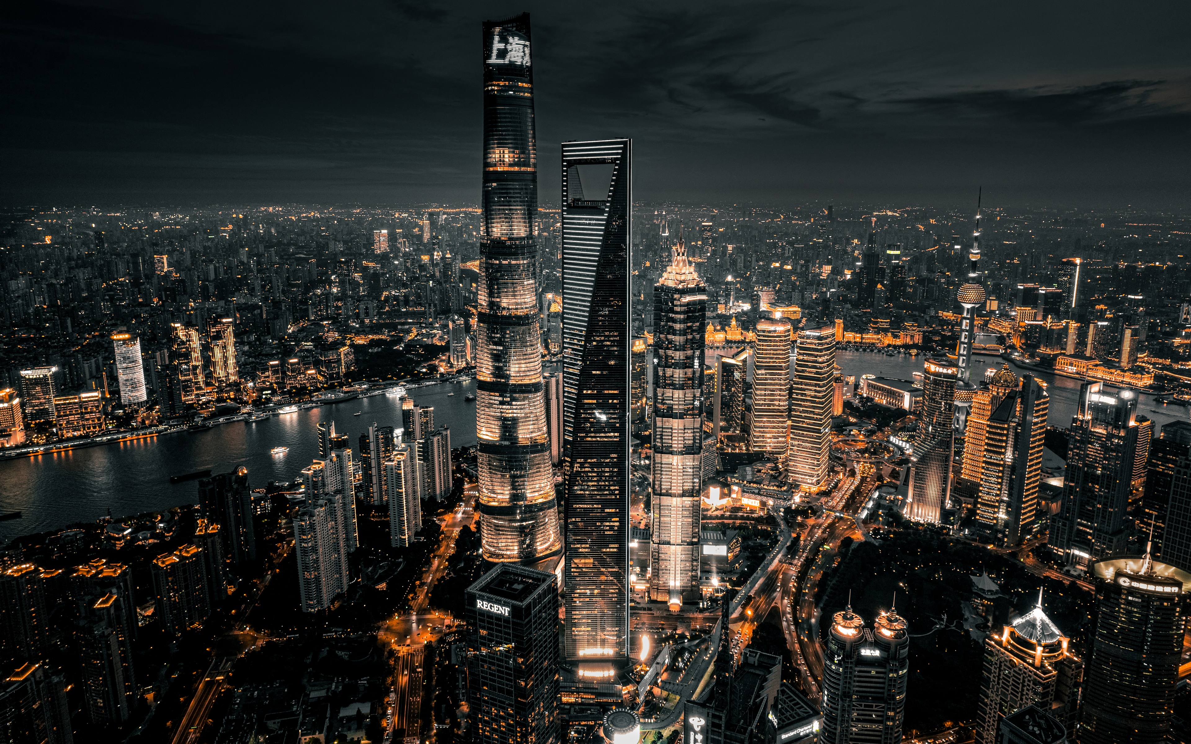Shanghai China City Night Lights Skyscraper Architecture Landscape 3840x2400