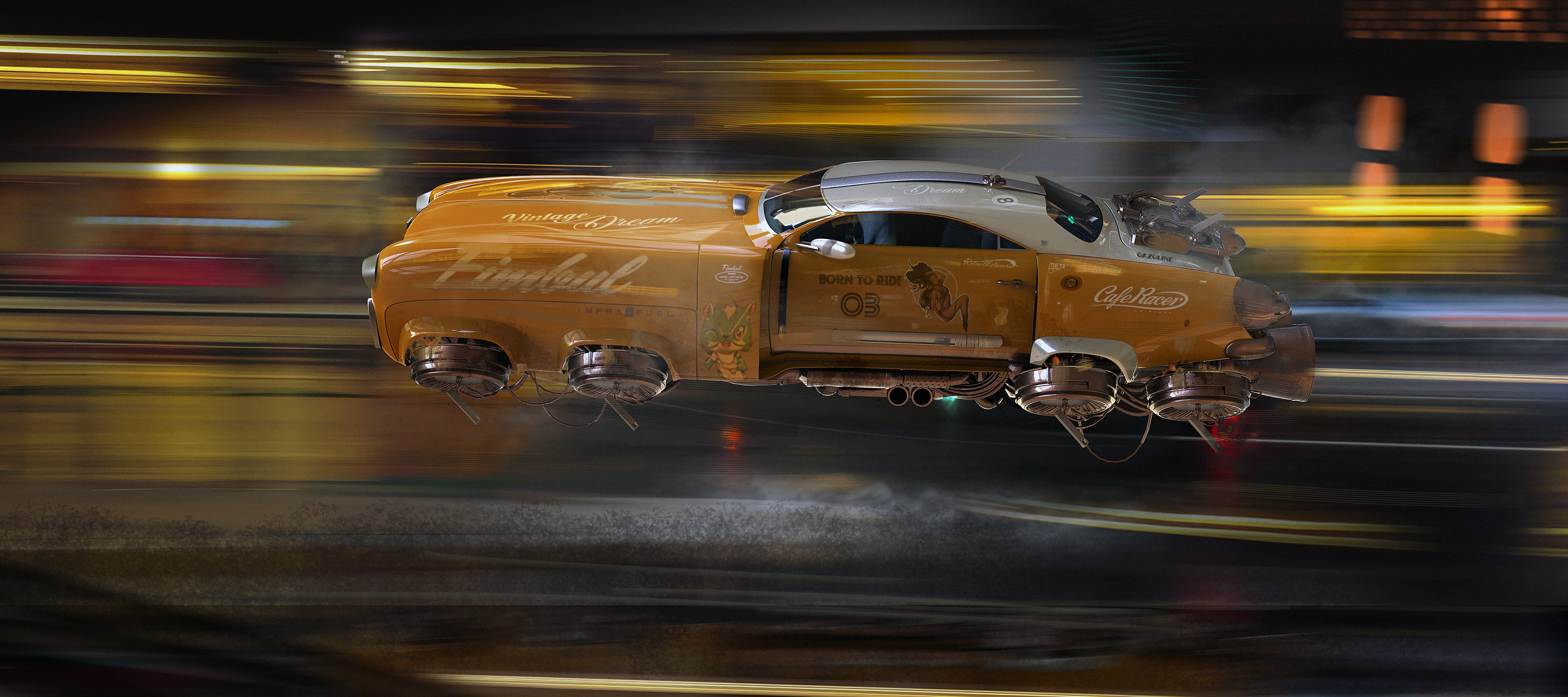 Artwork Futuristic Digital Art Car Vehicle Yellow Cars Science Fiction Fantasy Art 3425x1523