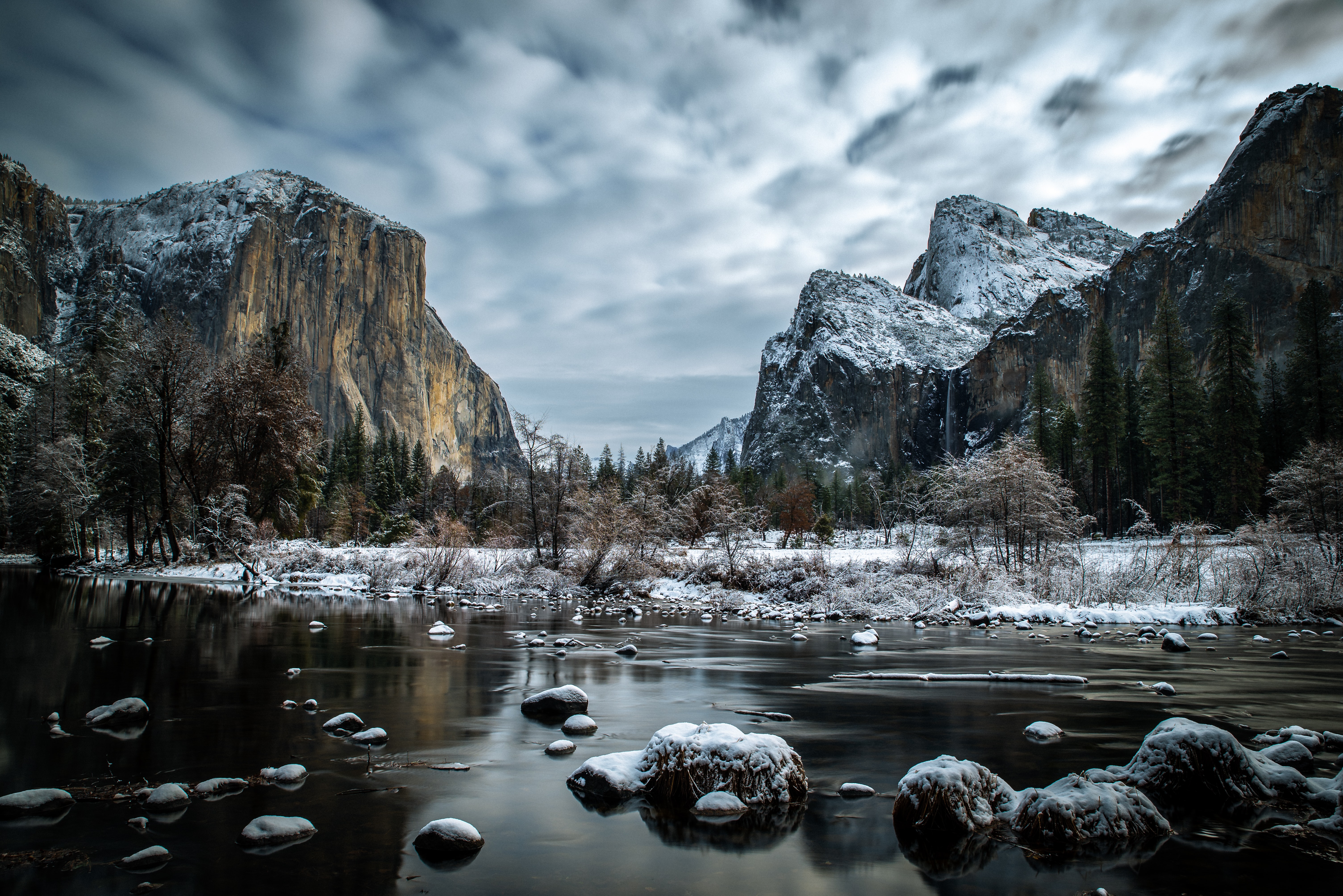 Nature Landscape Mountains Clouds Long Exposure River Forest Trees Winter 6016x4016
