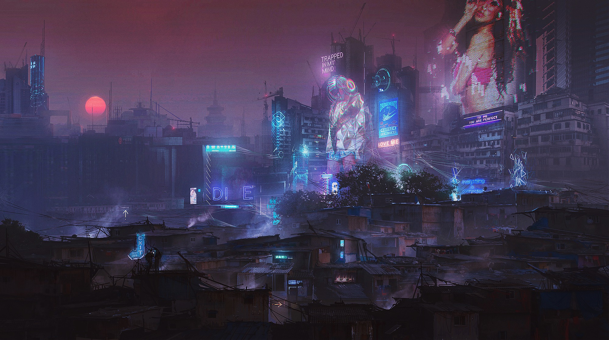 Donglu Yu Artwork Cyberpunk Futuristic Futuristic City Architecture Slum Sunset Sun Purple Sky Smog  2000x1118