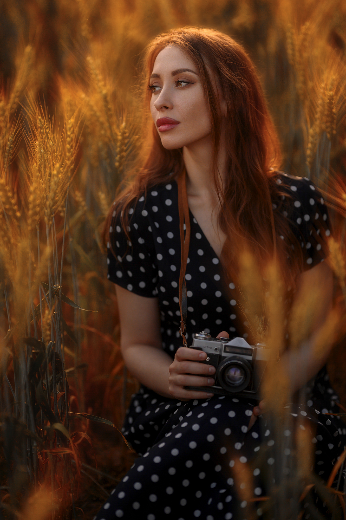 Elena Zharkova Women Redhead Long Hair Dress Dots Field Warm Fall Camera Makeup Looking Away Juicy L 1331x2000