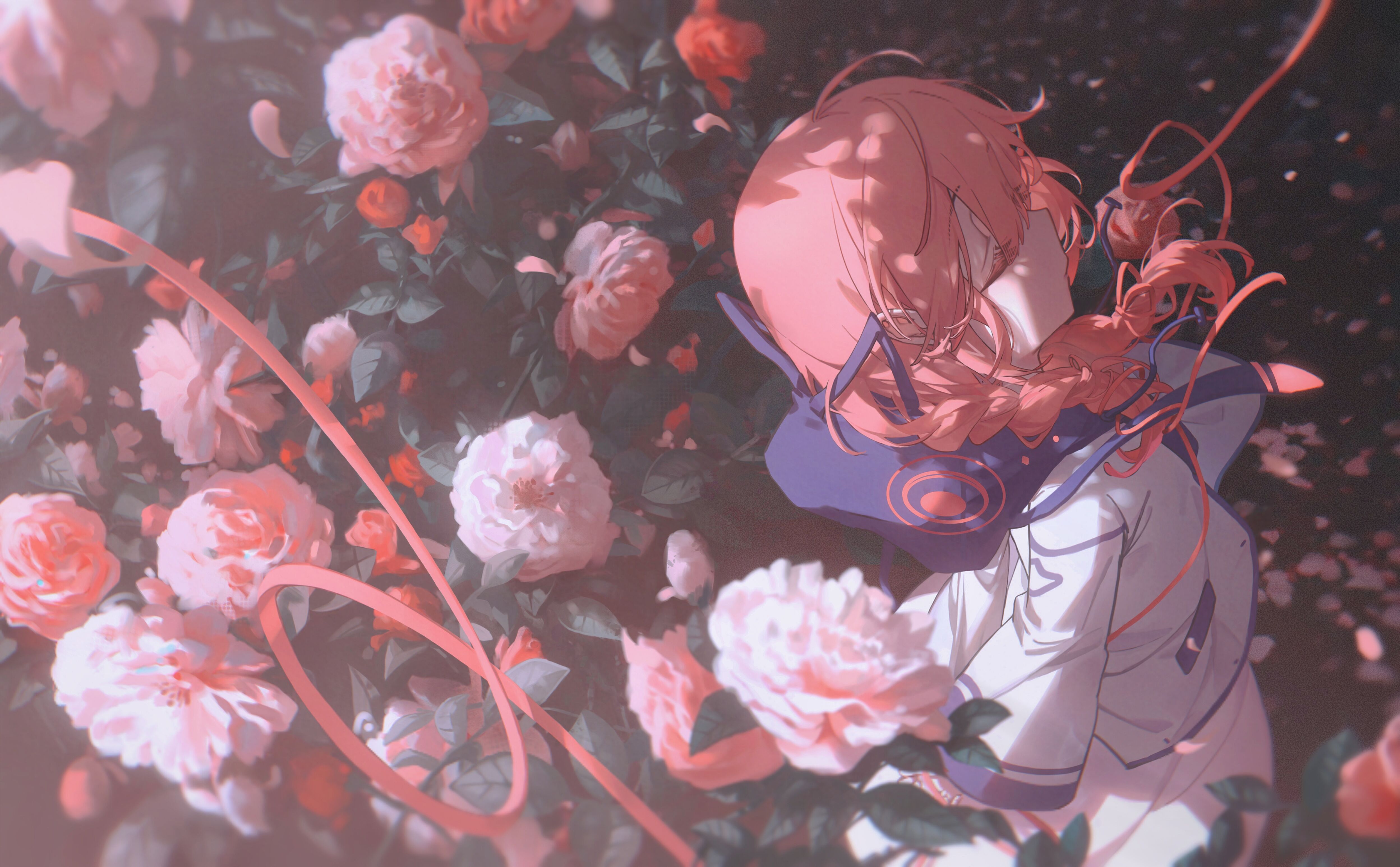 Valentines Day KAF Anime Girls Closed Eyes Braided Hair Flowers Petals 4993x3091