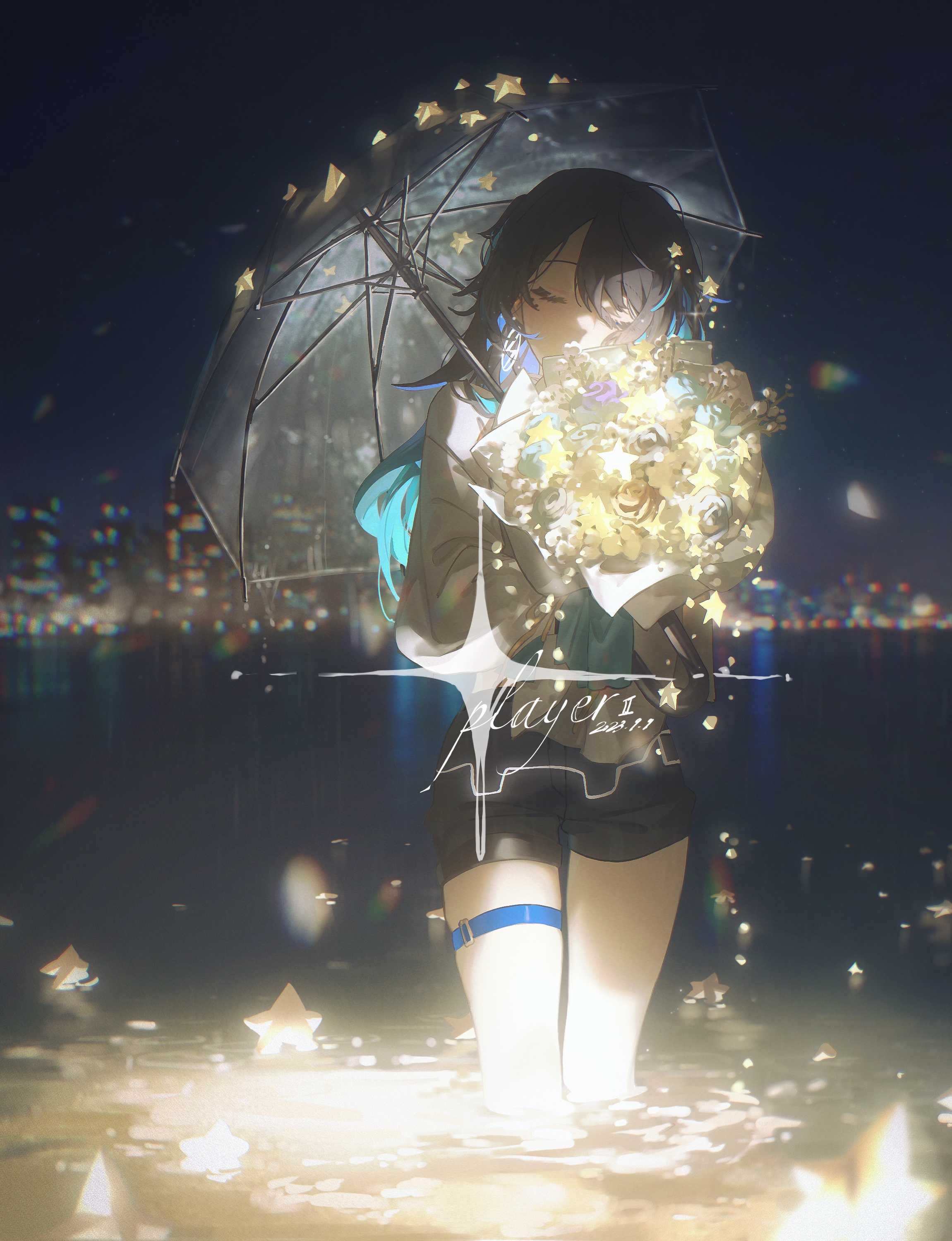Anime Anime Girls Pixiv Colorful Umbrella Closed Eyes Flowers Standing Water Standing In Water Night 2301x3000