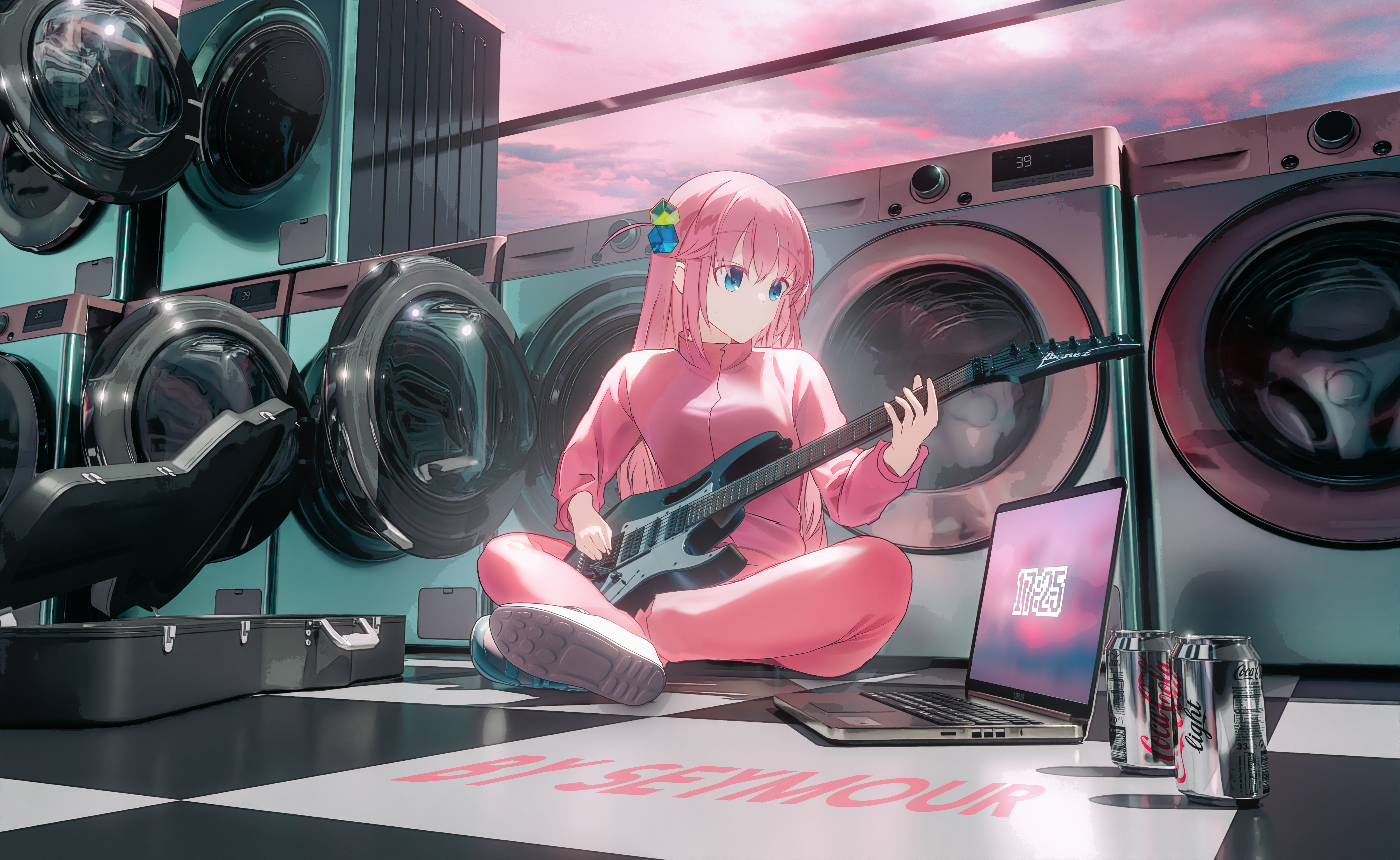 Anime Girls Anime Seymour BOCCHi THE ROCK Laundromat Guitar Laptop Drink Coca Cola Pink Clothing Pin 5000x3073