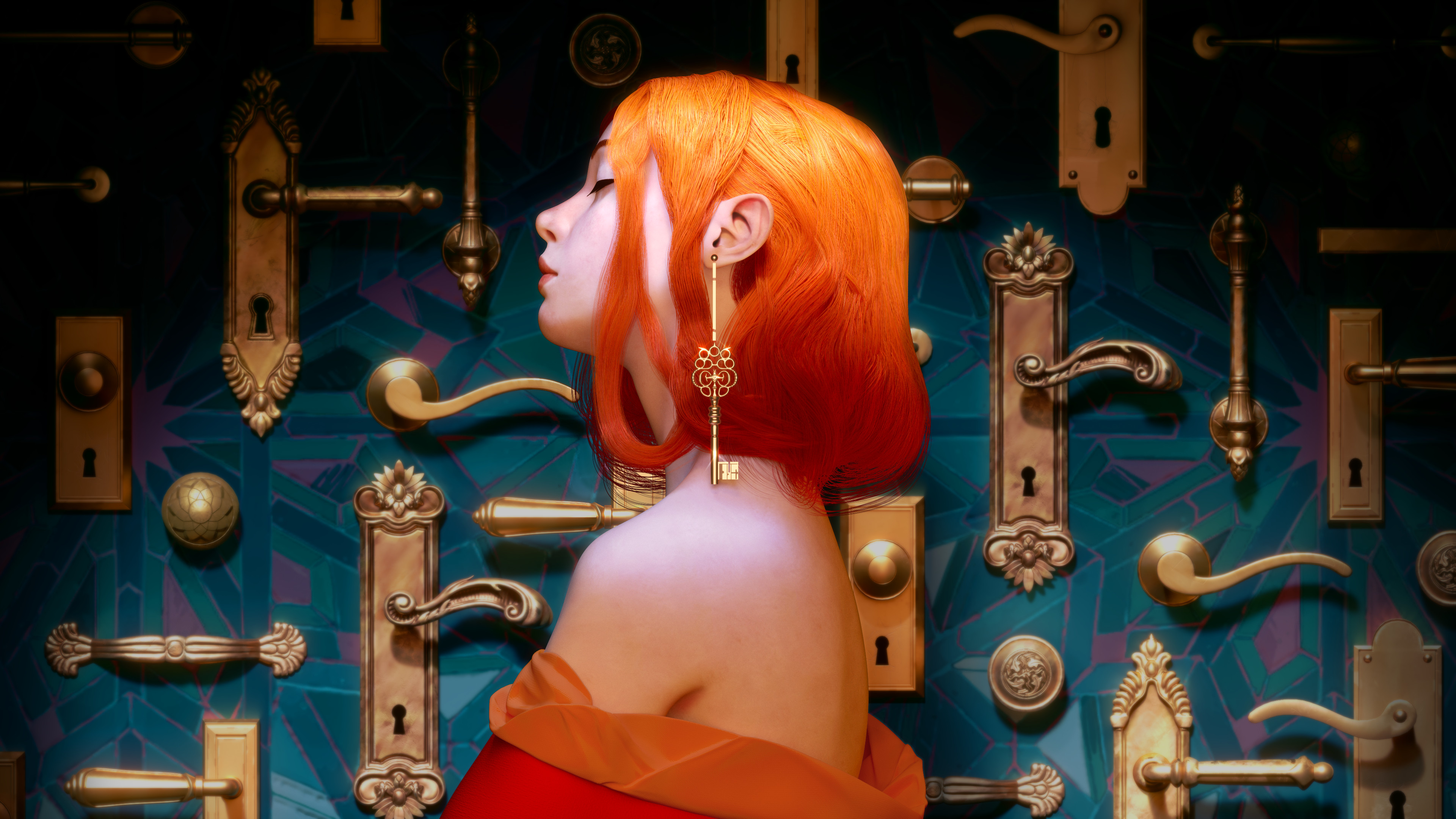 Keys Redhead Bare Shoulders CGi Valentina Remenar Closed Eyes Fantasy Art Fantasy Girl 3840x2159