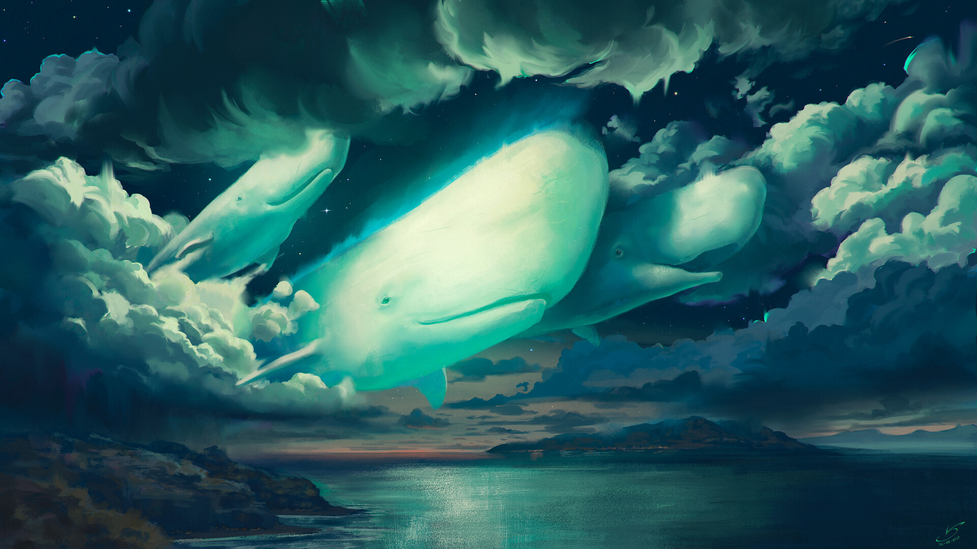 Victor Sales Digital Art Fantasy Art ArtStation Whale Clouds Sky Night Sky Starry Night Animals Wate 1920x1080