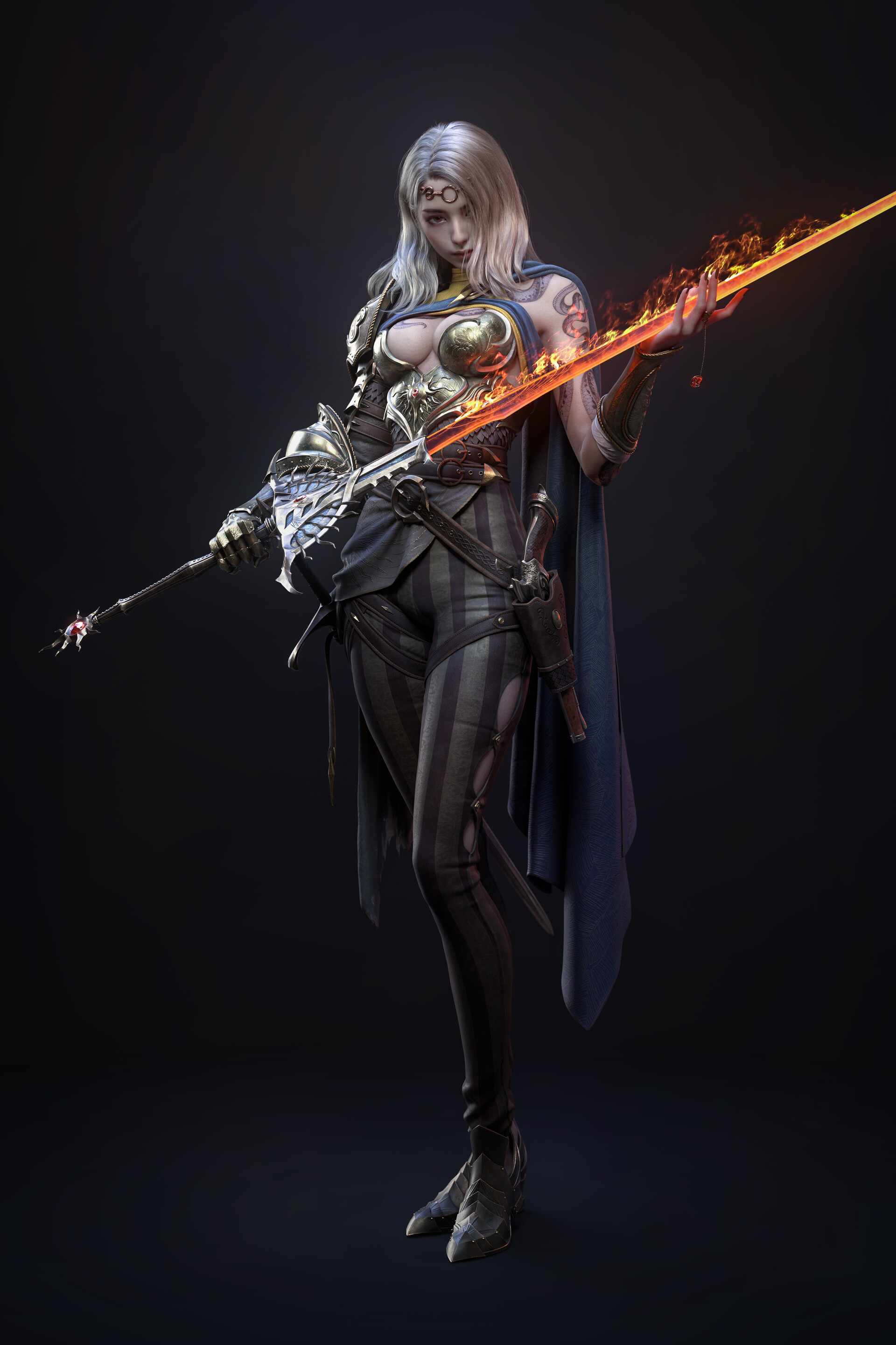 Michael Mao CGi Women Silver Hair Sword Fantasy Art Portrait Display Standing Weapon Armor Simple Ba 1920x2880