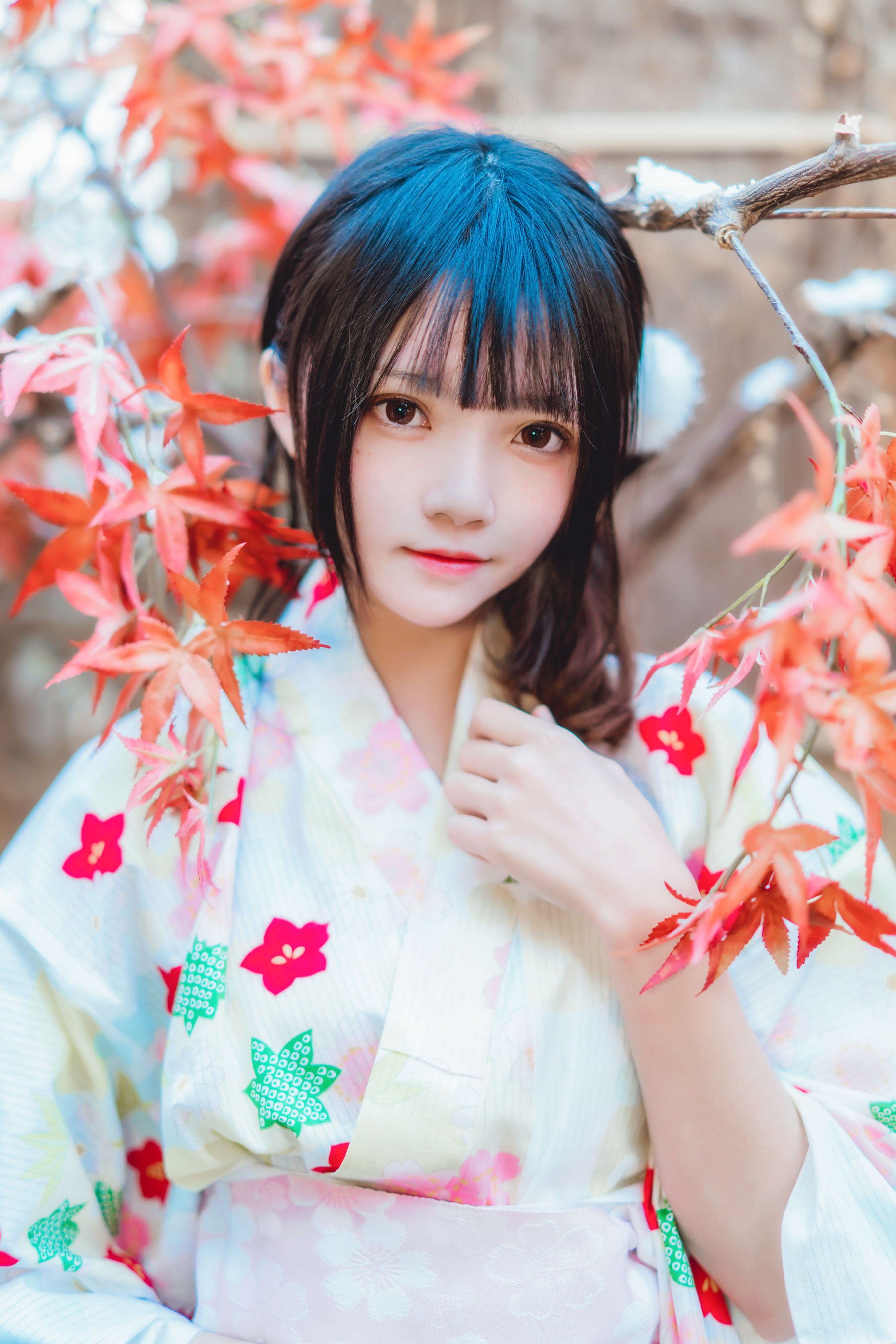 Women Model Asian Chinese Model Dark Hair Kimono Looking At Viewer Leaves 1800x2698