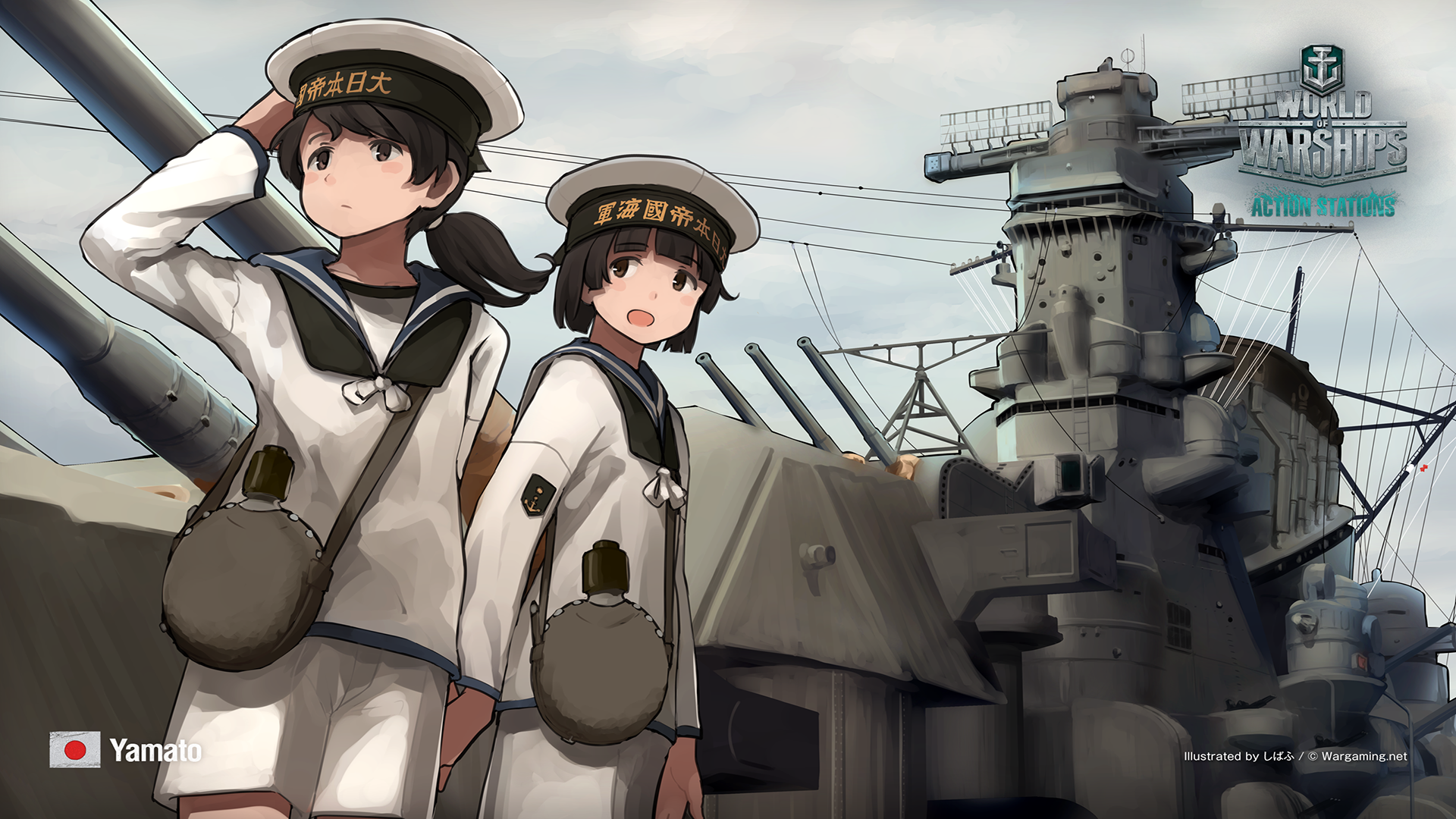 World Of Warships Kantai Collection Standing Uniform Anime Girls Hat Military Vehicle Ship Sky Cloud 1920x1080