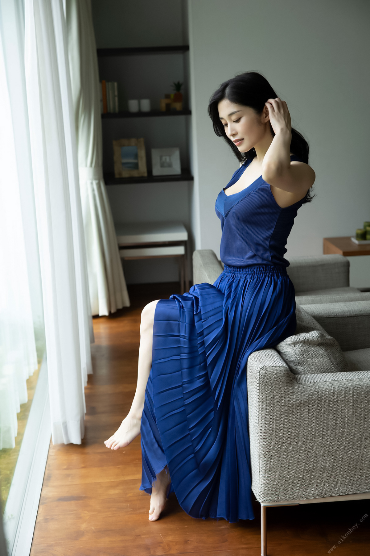 Women Model Indoors By The Window Women Indoors Asian Blue Dress Japanese Model Smiling Long Hair Br 1200x1801