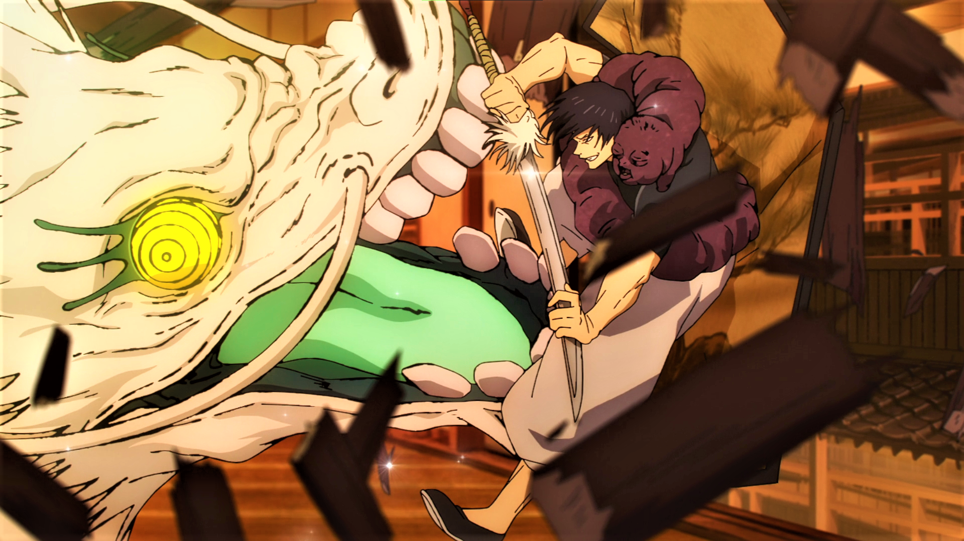 Jujutsu Kaisen Fushiguro Toji Dragon Glowing Eyes Sword Weapon Fighting Anime Anime Screenshot Anime 1920x1079