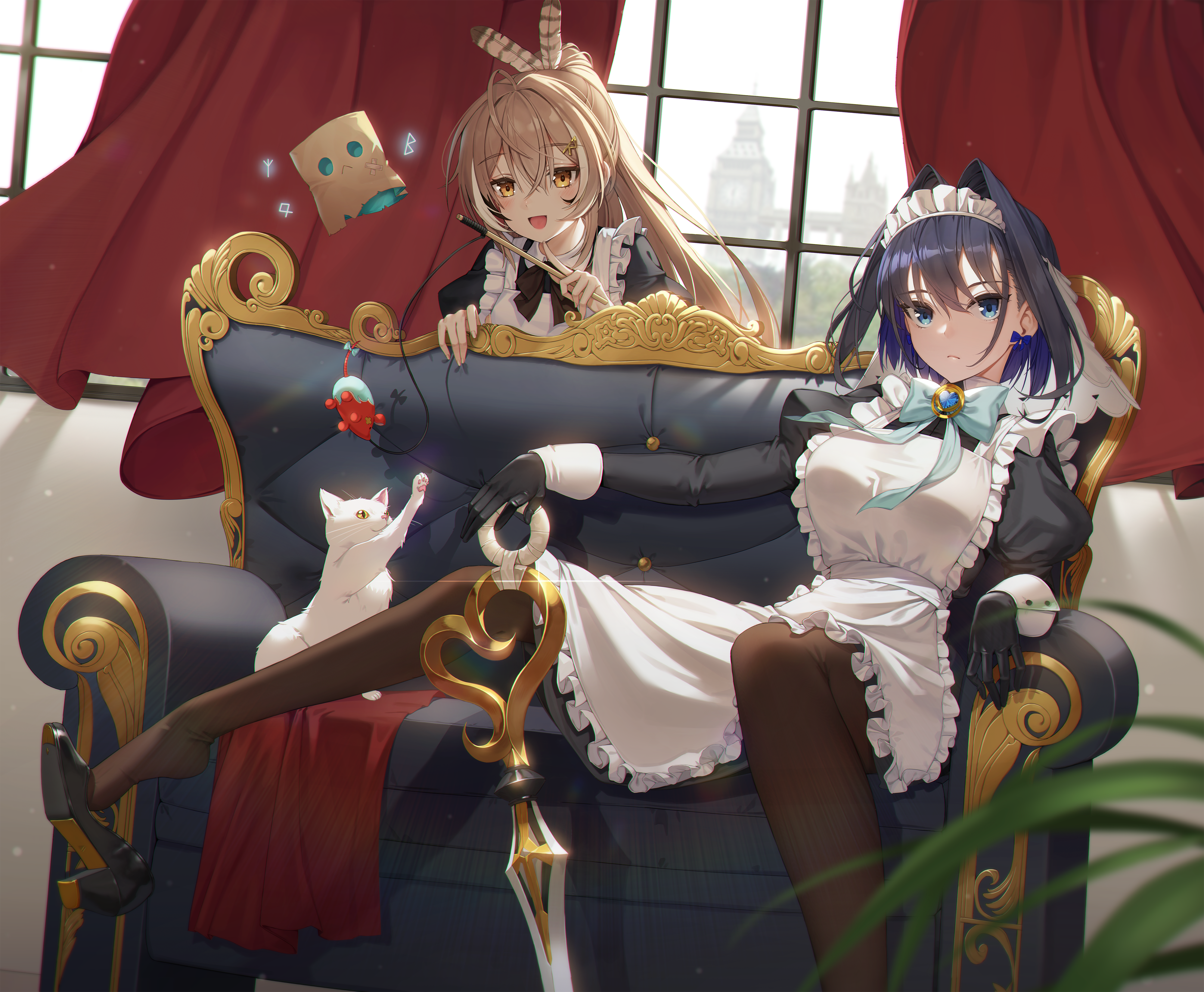 Anime Girls Maid Maid Outfit Couch Hololive Virtual Youtuber Ouro Kronii Cats Nanashi Mumei Leaves 4000x3295