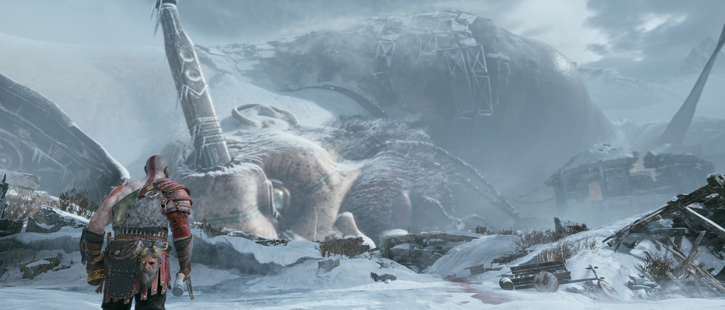 God Of War God Of War 2018 Giant Cold Freezing Video Games Screen Shot Fighting Games Snow Mountains 2520x1080