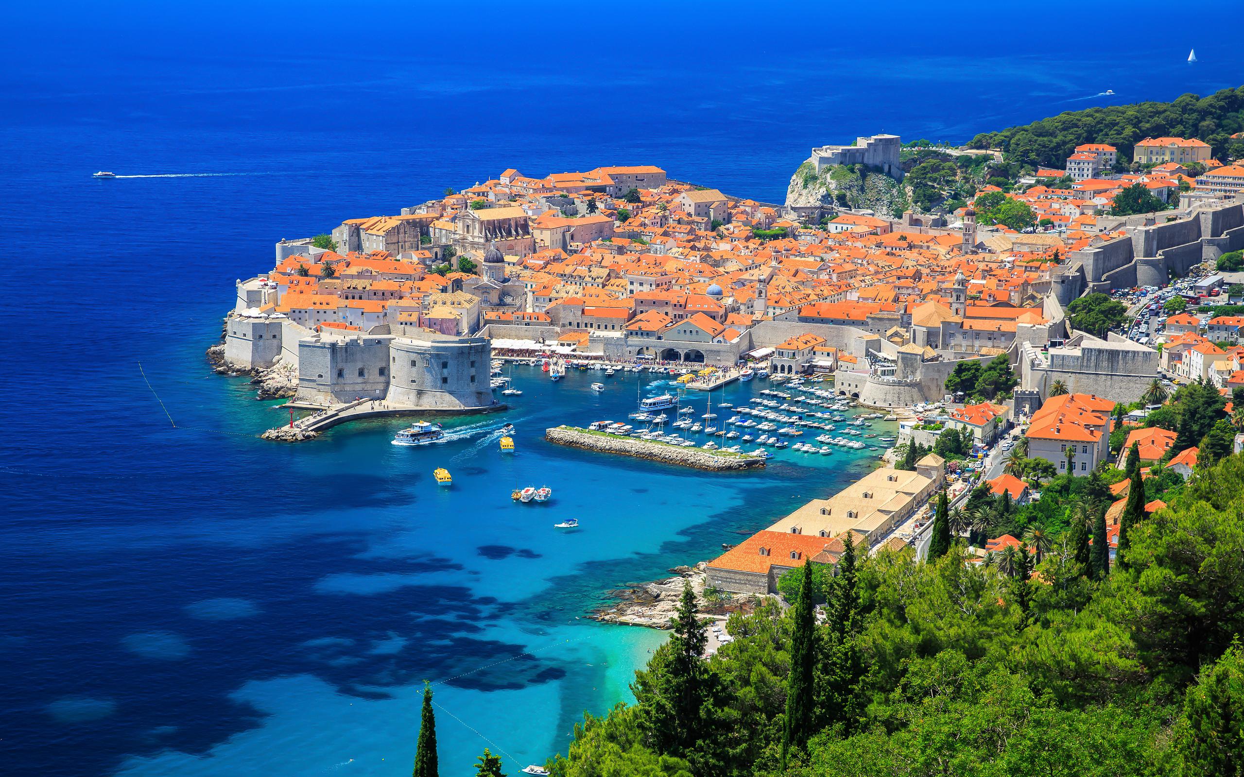 Dubrovnik Cityscape Croatia Town Ports Rooftops Aerial View Old Building Water Trees Boat 2560x1600