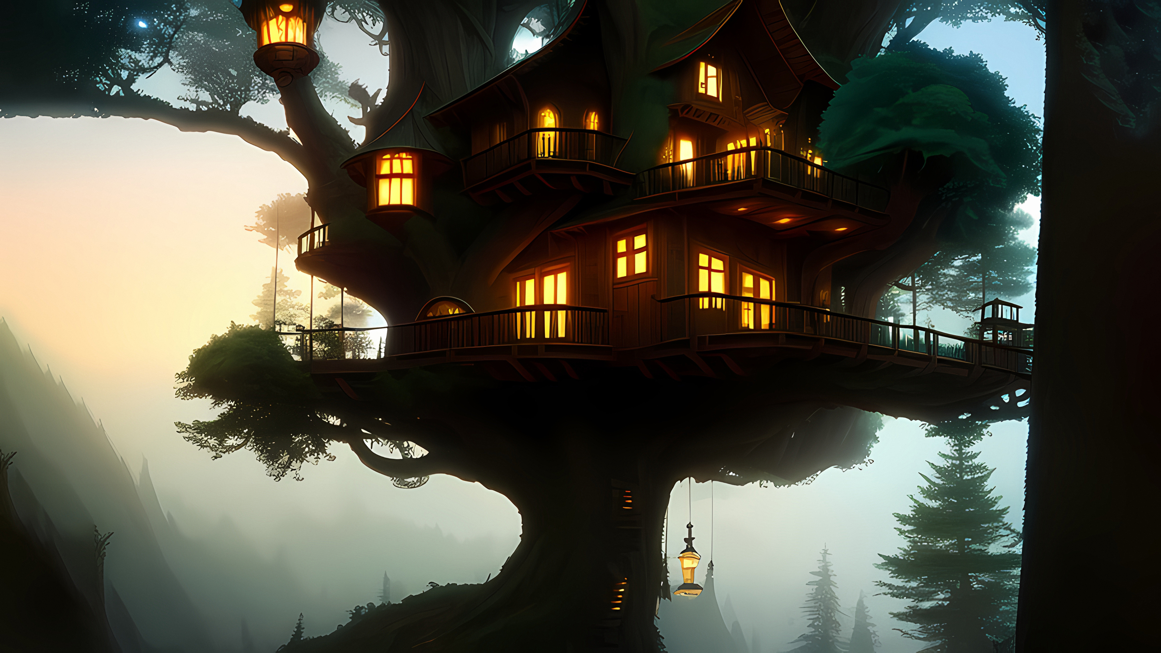 Stable Diffusion 4K Ai Art Tree House Lights Dawn Trees Nature 3840x2160