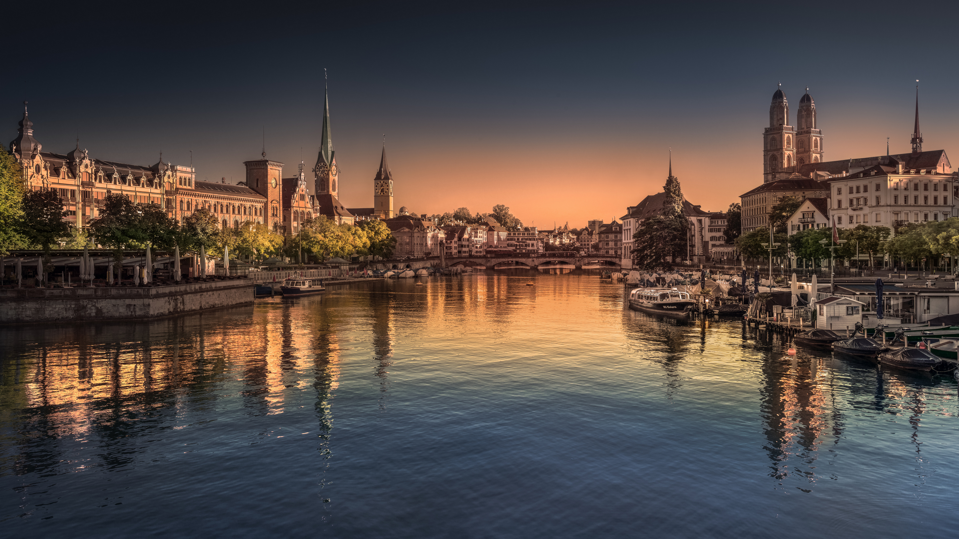 Switzerland Zurich Morning City River Sunrise Reflection Sky Building Water Ship 3840x2160