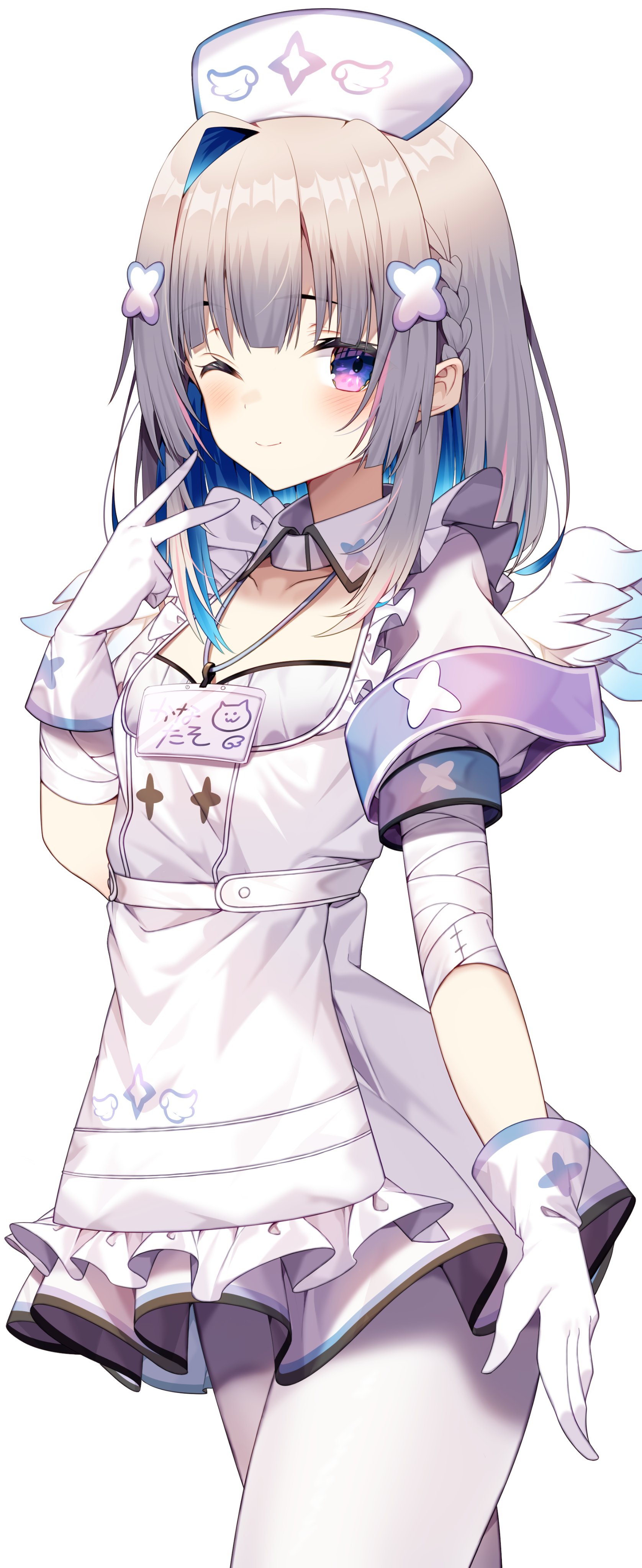 Skirt White Vertical Anime Girls One Eye Closed Gloves Blushing Two Tone Hair Wings Nurses Nurse Out 1676x4096