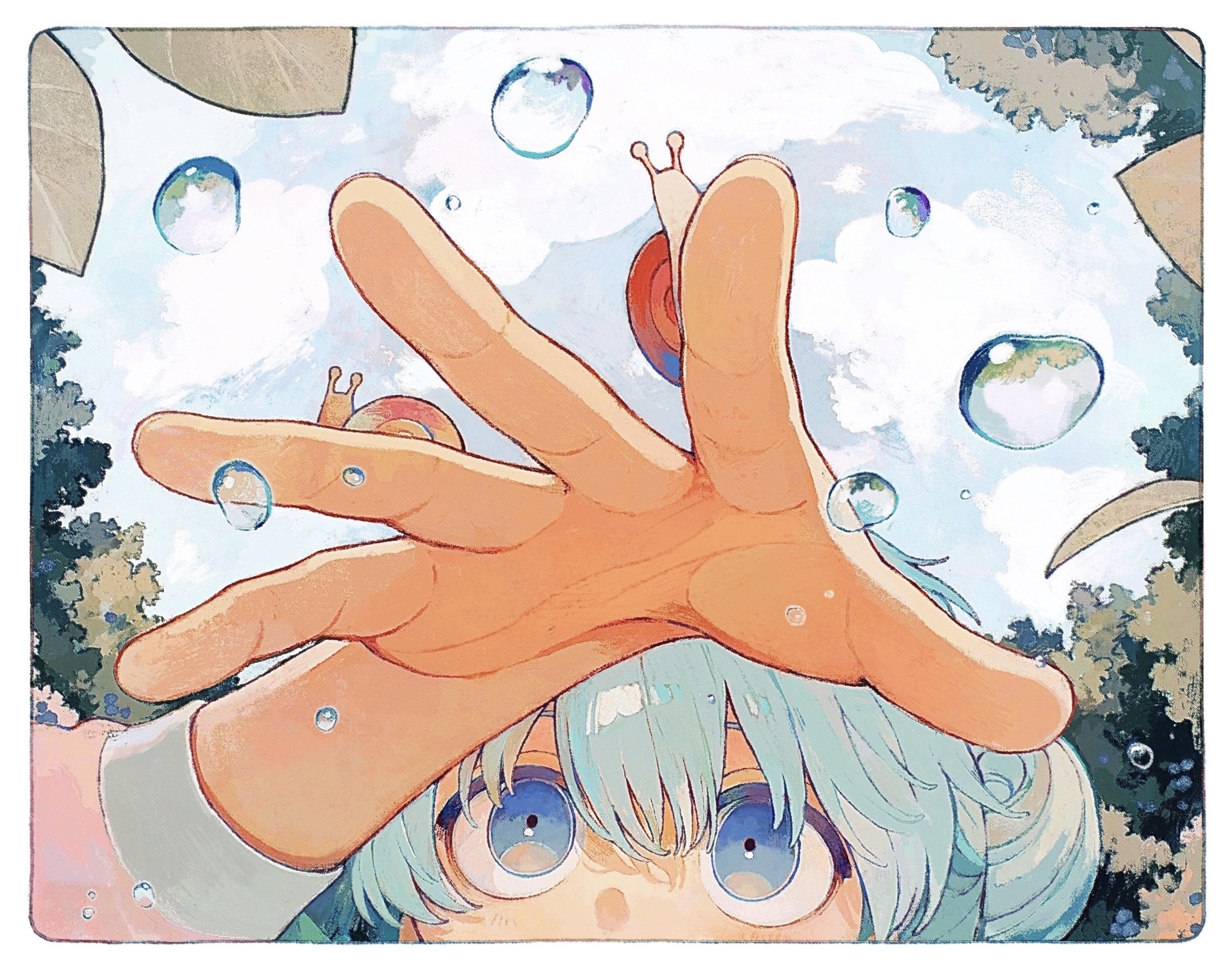 Marukogedago Anime Girls Low Angle Worms Eye View Animals Water Drops Leaves Trees Snail Closeup Loo 2141x1691