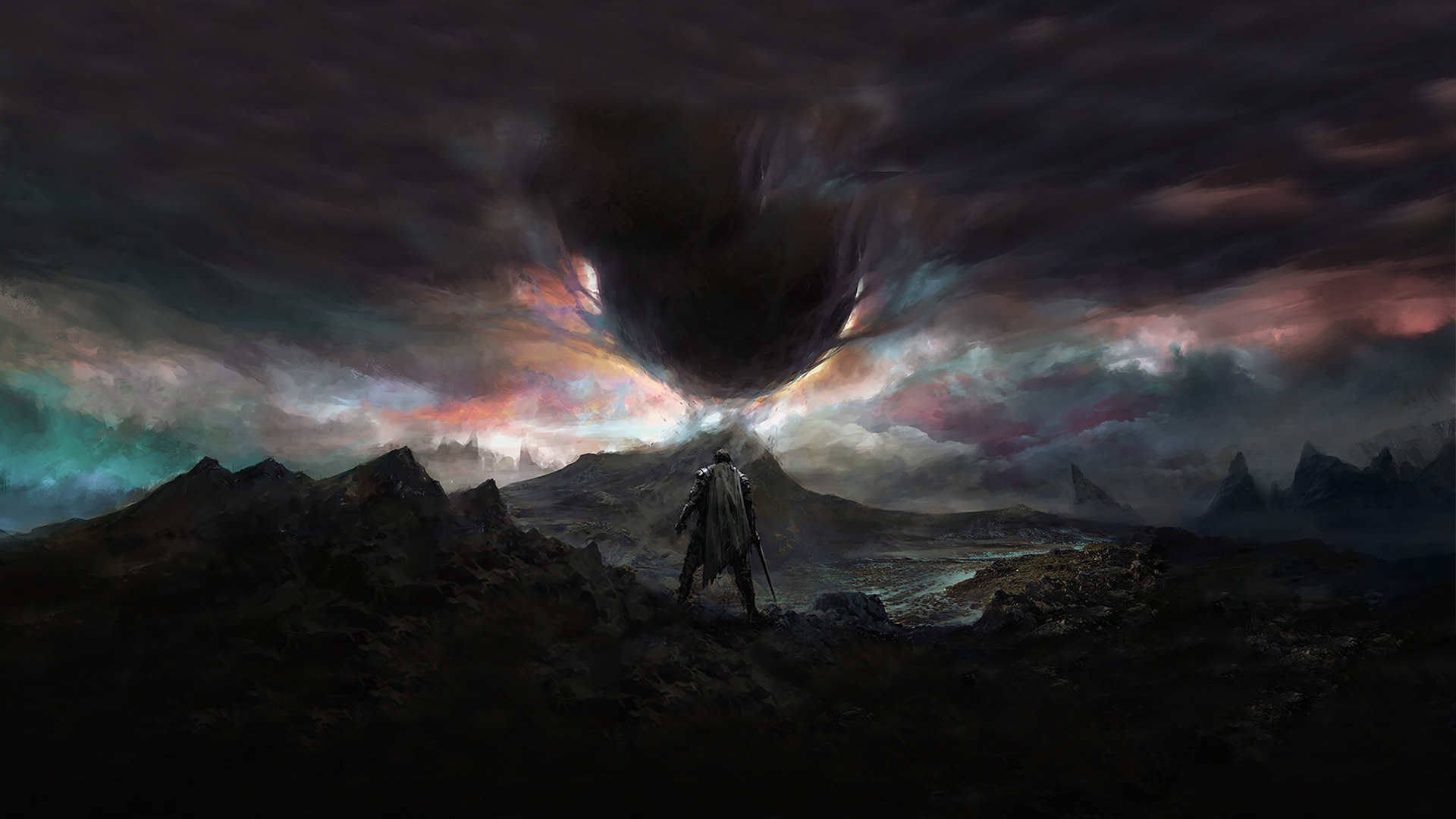 Dark Fantasy Clouds Post Apocalypse Knight Sword Landscape Digital Art Chris Cold ArtStation Concept 1920x1080
