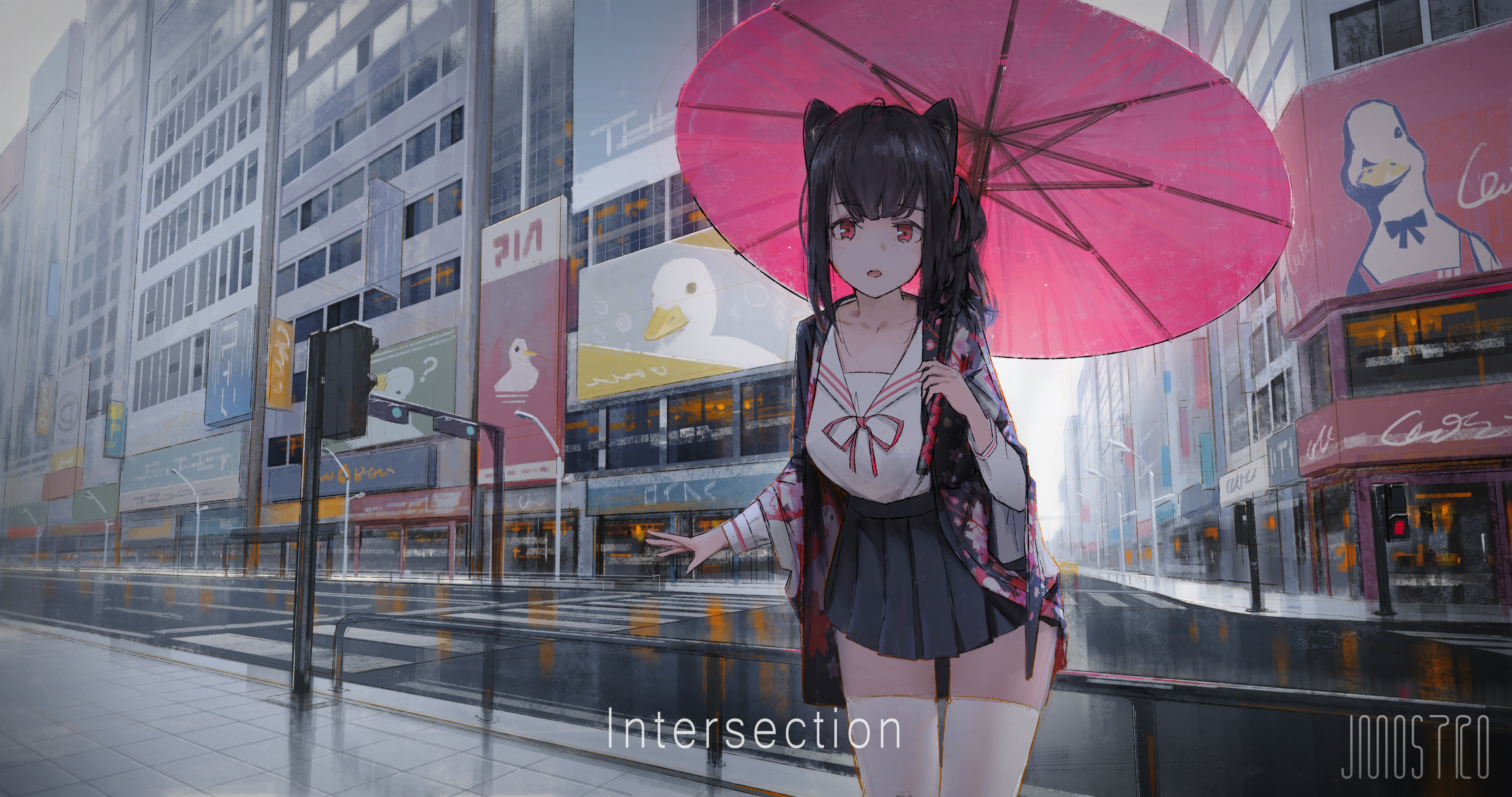 JMOSTRO Anime Anime Girls Urban City Women With Umbrella Umbrella Skirt Dark Hair Women Outdoors Lon 4096x2160