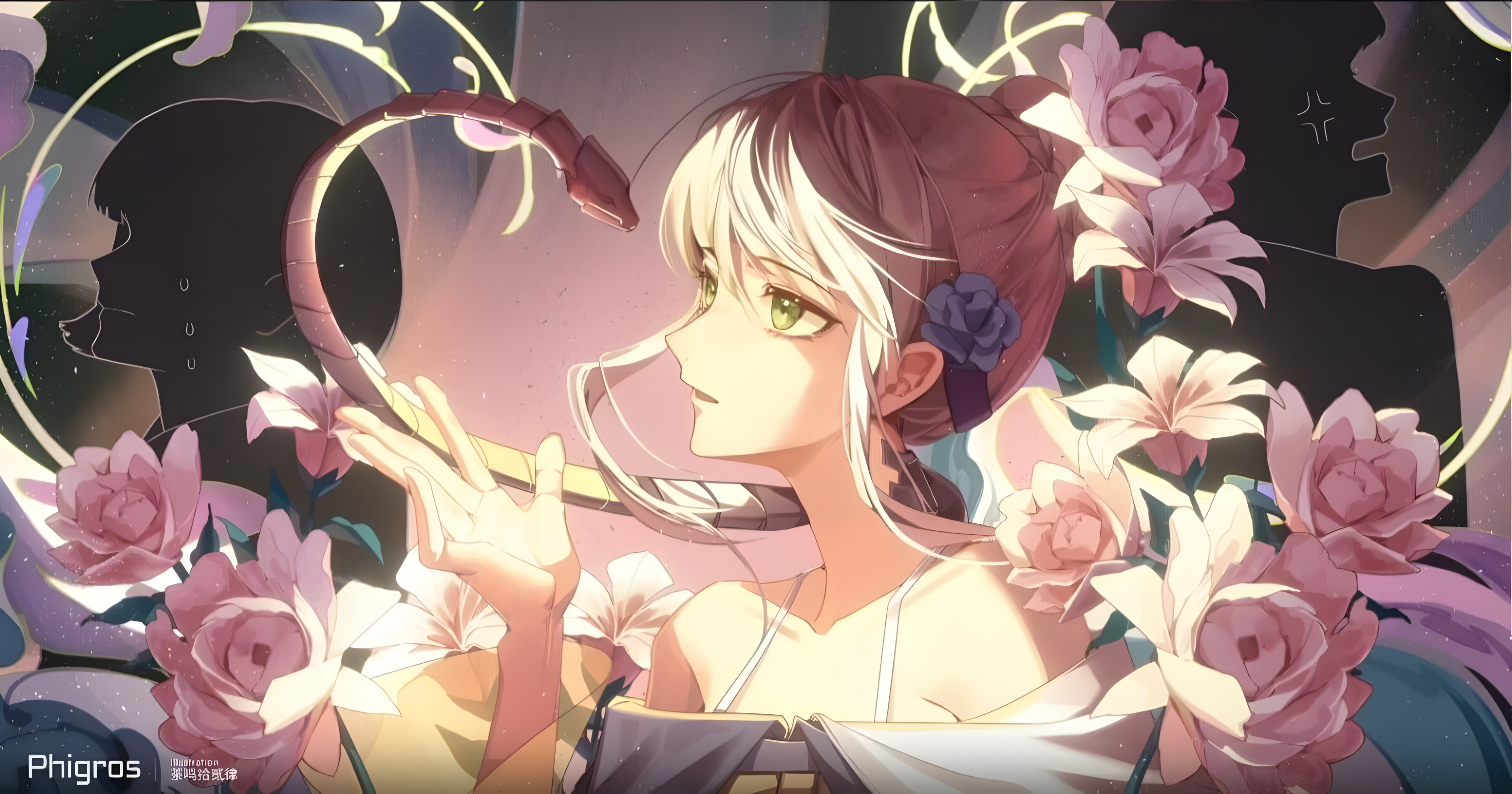 2D Illustration Anime Girls Flowers Snake Silhouette Flower In Hair 4800x2520
