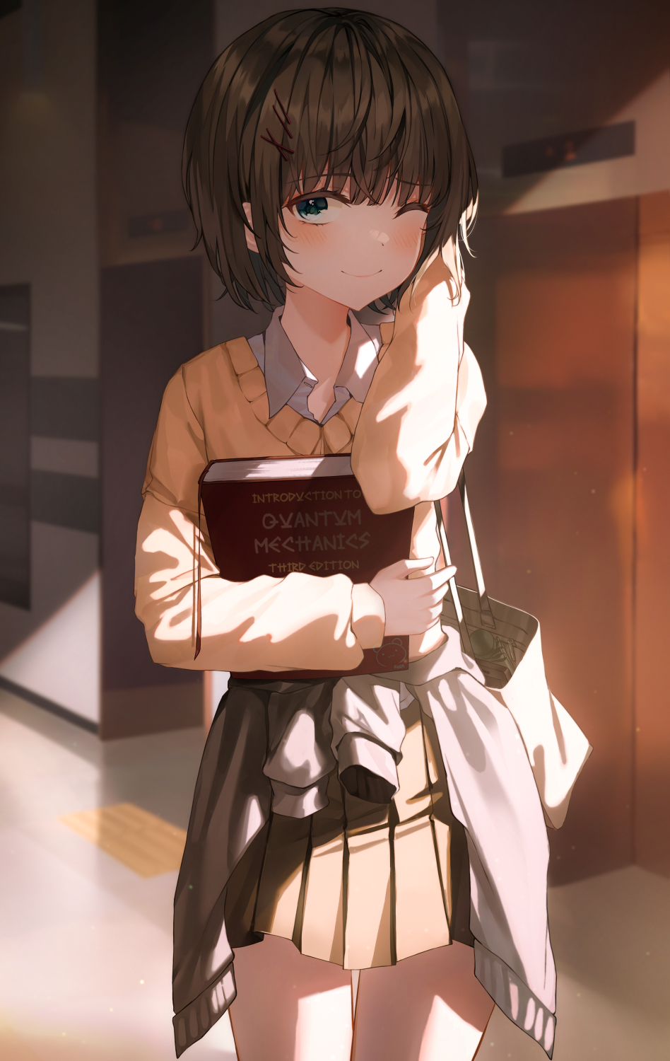 Anime Anime Girls Vertical One Eye Closed Schoolgirl School Uniform Books Smiling Blushing 948x1500