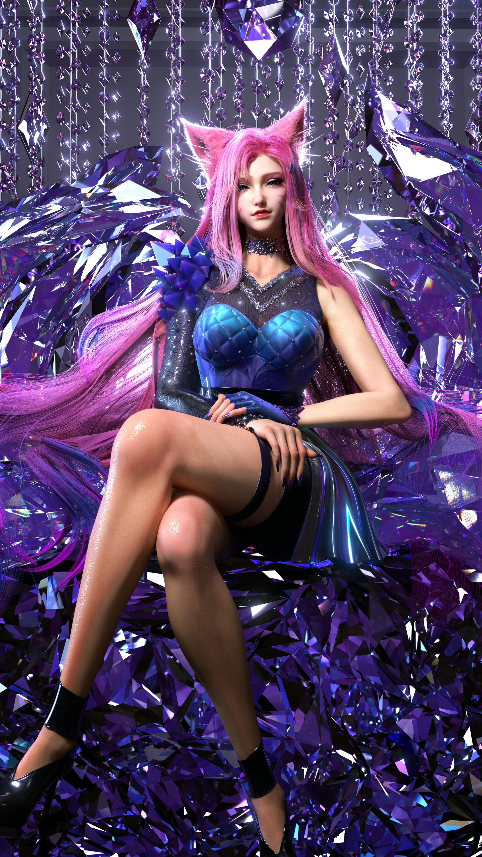 Zoey Yi CGi Women Ahri League Of Legends Pink Hair Fox Girl KDA Purple Legs Crossed Gems 3D 1920x3413