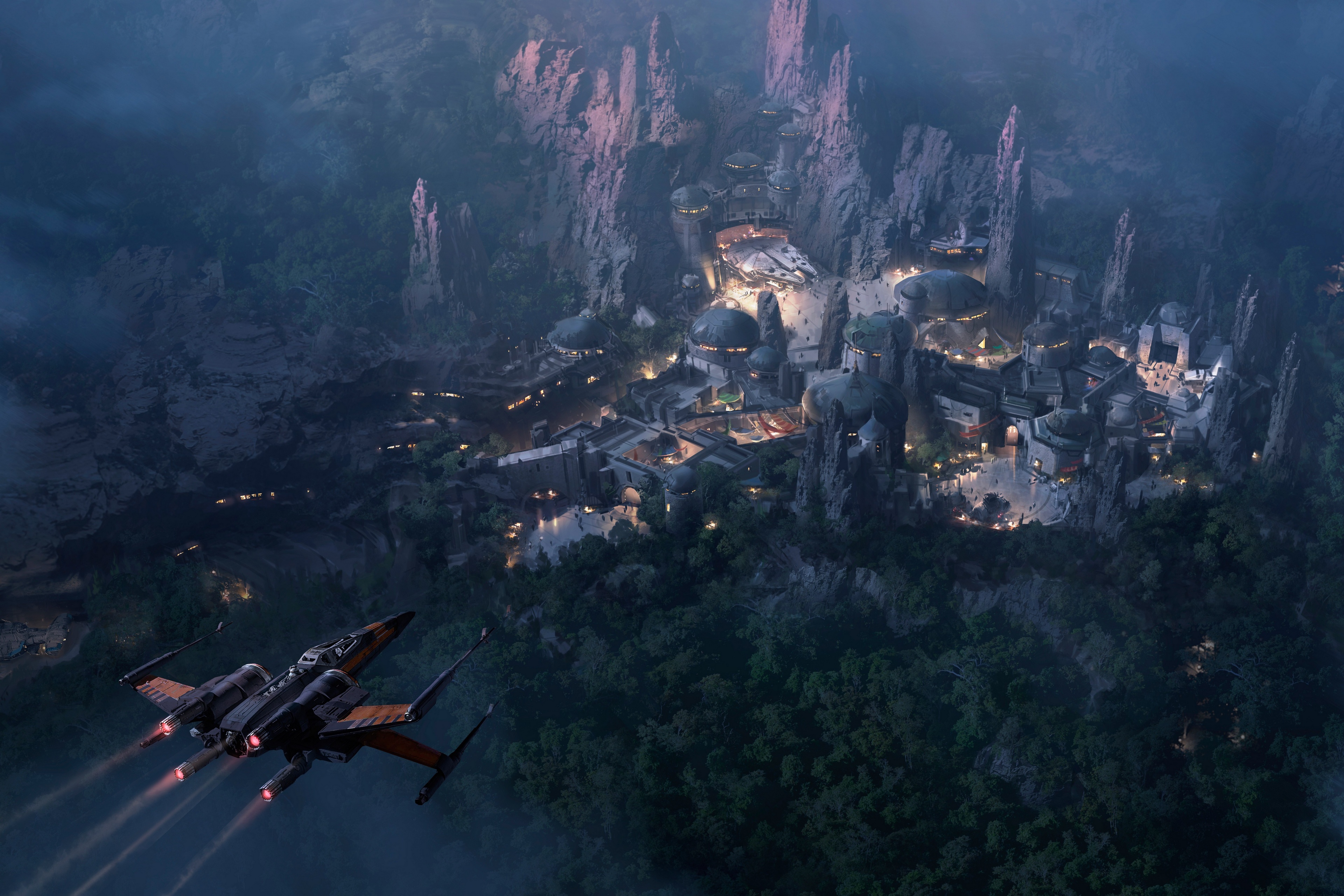 Star Wars Science Fiction Spaceship Artwork Mountains Forest Fort City Fantasy Art X Wing 3840x2560